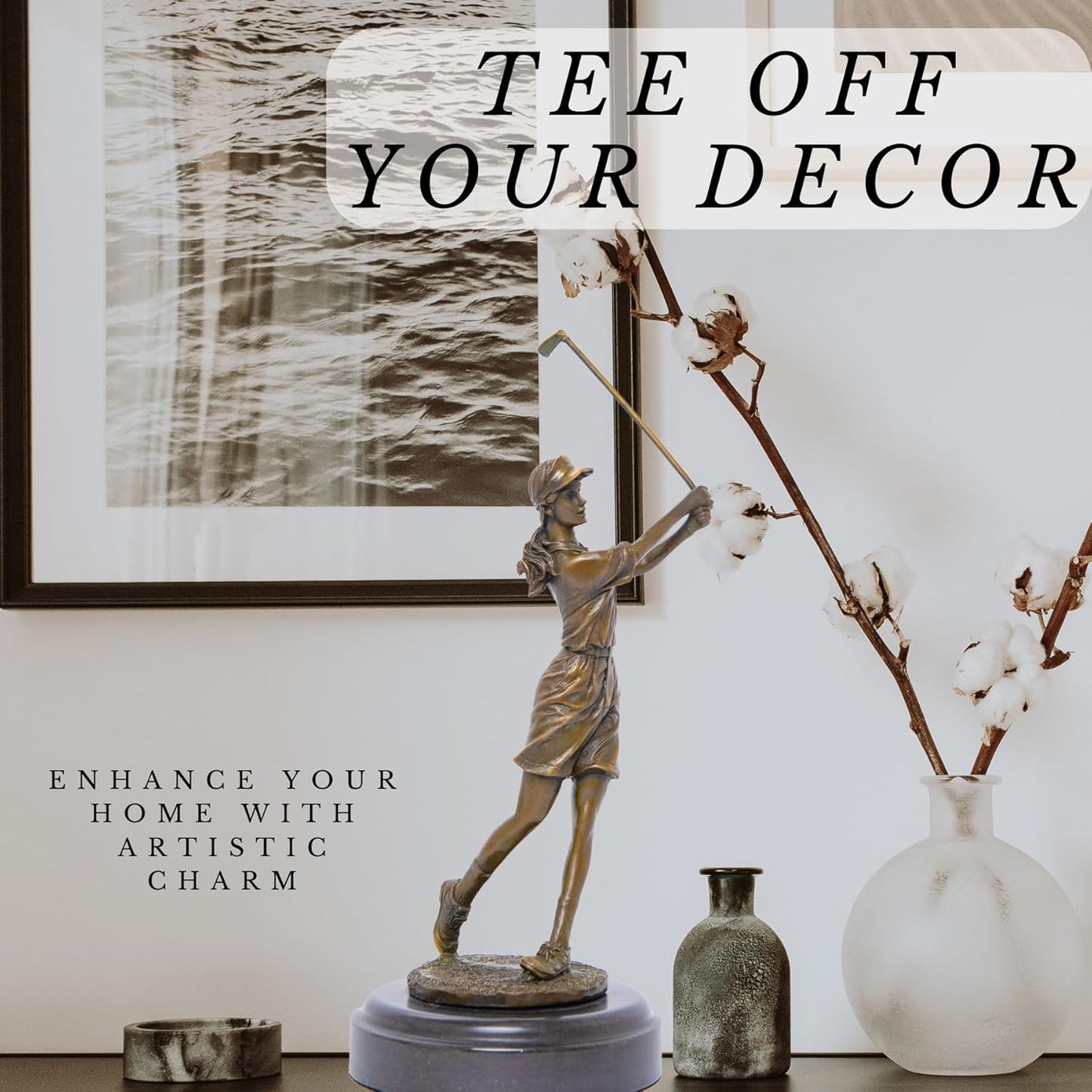 9.8" Bronze Golfer Girl Statue, Golf Figurines Bronze Statues and Sculptures Handmade Art Collectible for Home Office Decor