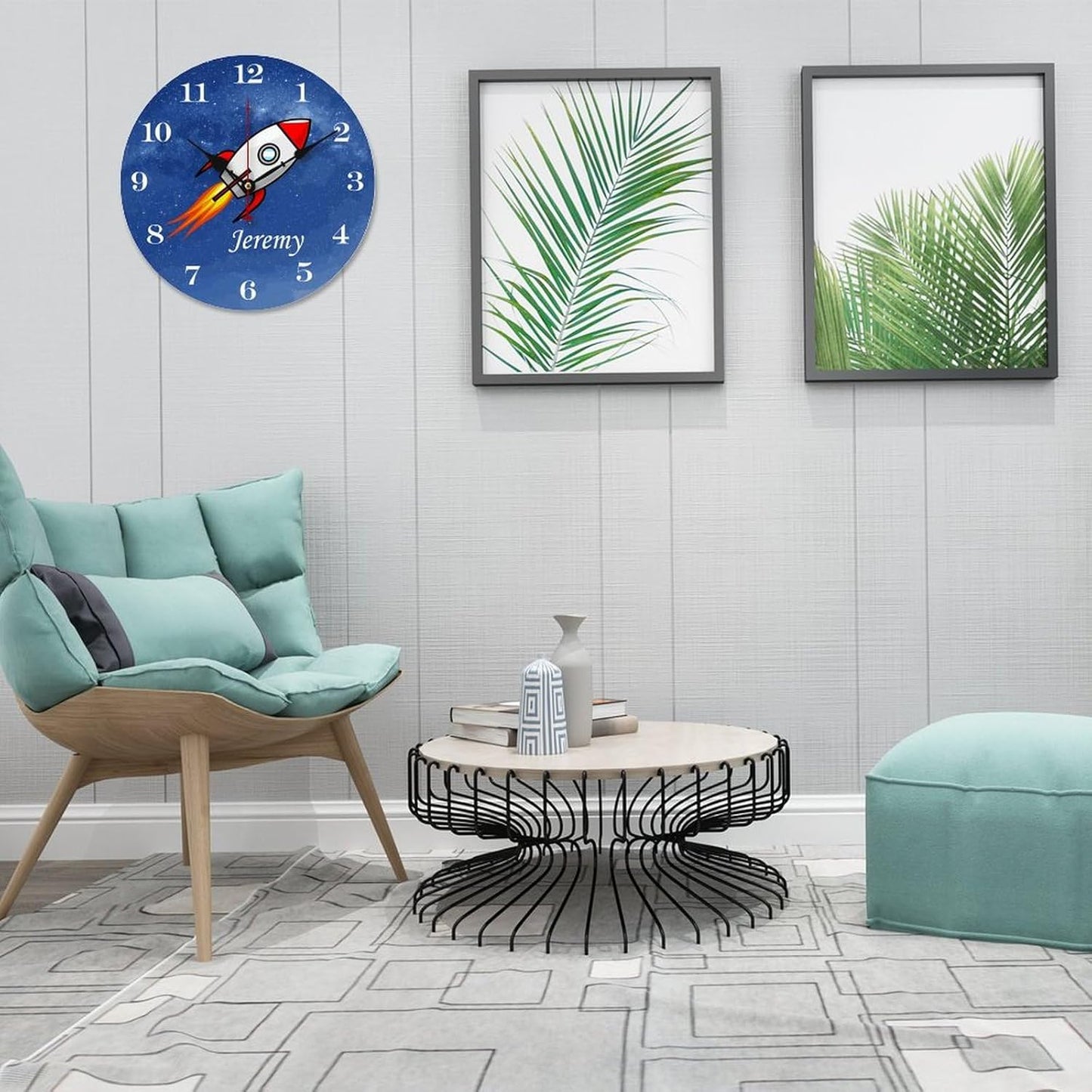 10 inch Personalized Rocket Kids Name Wall Clocks Battery Operated for Kids Bedrooms Nursery School Playroom Decor,Custom Kids Name Wall Clock,Educational Wood Round Clock Silent