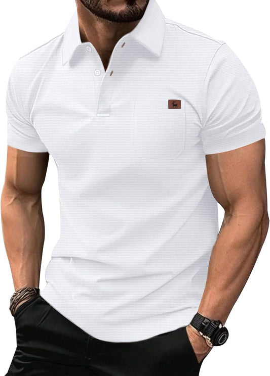 GEEK LIGHTING Mens Waffle Texture Polo Shirts Short Sleeve Casual T-Shirts Moisture Wicking Collared Golf Shirt with Pocket