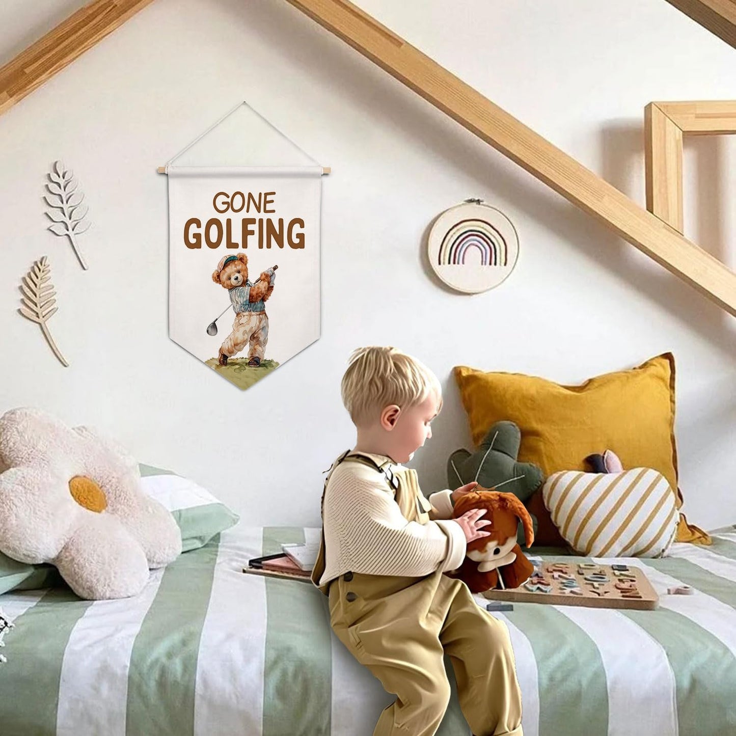 ArtisaEura Bear Nursery Golf Wall Canvas Banners, Bear Nursery Decor, Gone Golfing Hanging Display Pennant Banner Flags, Cute Animals Wall Decor for Kids Room Bedroom Playroom