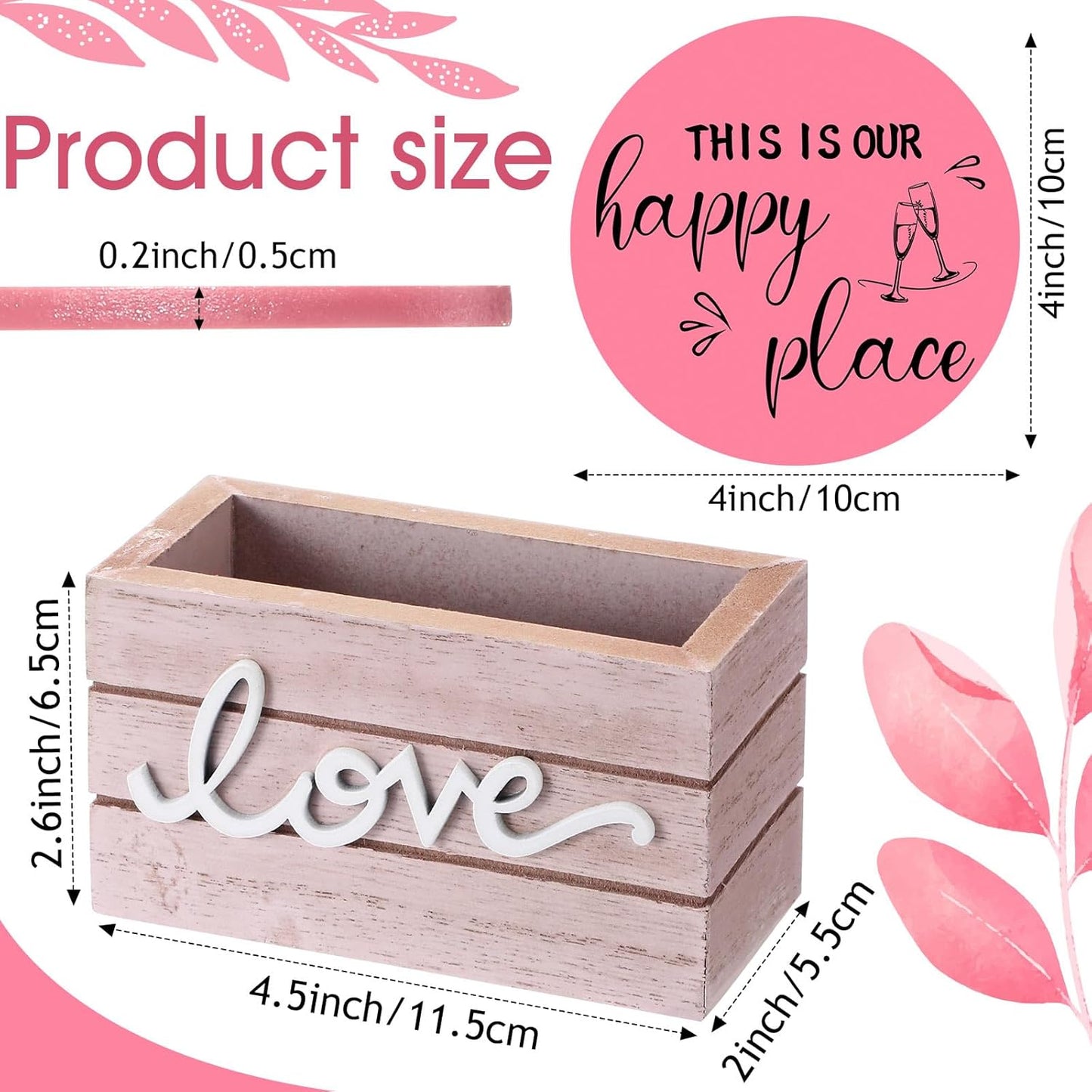Queekay Housewarming Gifts for Home Decoration Wooden Heart Coasters for Drinks 6 Set Farmhouse Coasters with Holder Funny for Family Coffee Table Protection, 4''(Pink)