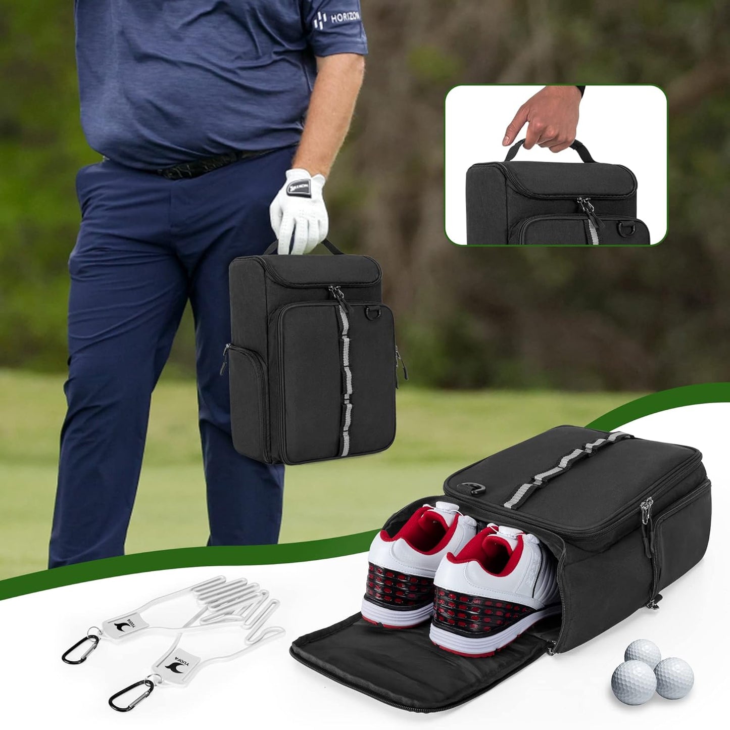 Golf Shoe Bag Holds A Pair of Shoes US Mens 14, Golf Shoe Carrier with Free Gloves Holders (A Pair), Front and Side Accessory Pockets for Tees, Gloves and Ball, Black