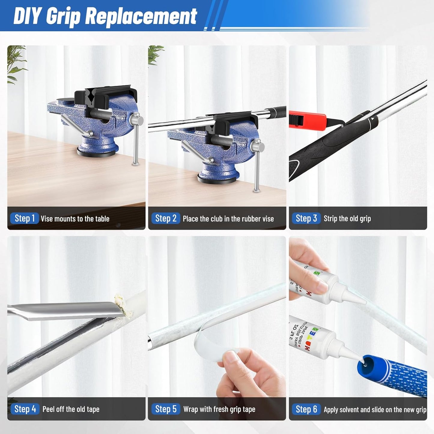 Golf Club Vise for Regripping – Portable Golf Club Regripping Kit, Golf Grip Kit with Rubber Clamp, Tapes, Hook Knife, Gloves & Storage Case