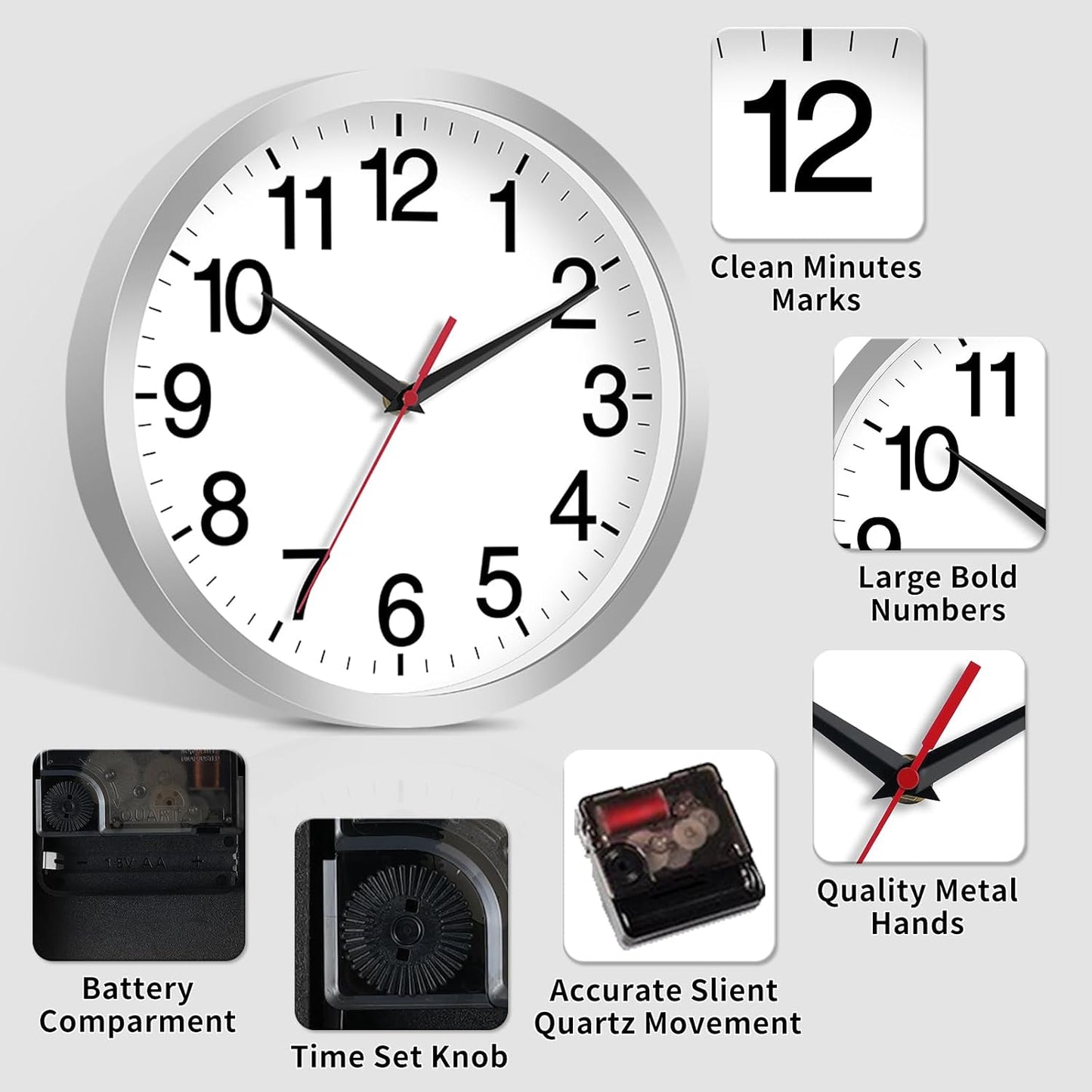 Wall Clock Modern 8 Inch Battery Operated Silent Non Ticking Small Analog Clock Decorative for Living Room Office Home Bedroom Kitchen Bathroom(Silver)