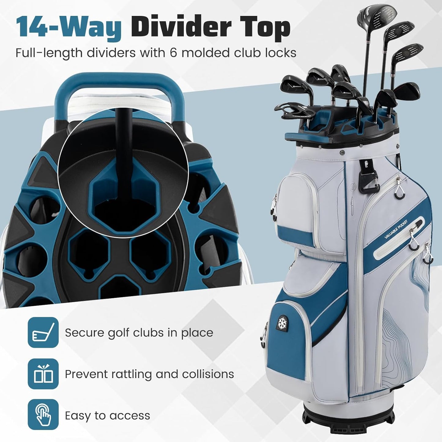 Tangkula Golf Cart Bag with 14-Way Full Length Dividers, 6 Molded Lock Top Golf Club Bag with 11 Pockets, Cooler Bag, Padded Strap, Handles, Umbrella Holder & Rain Hood