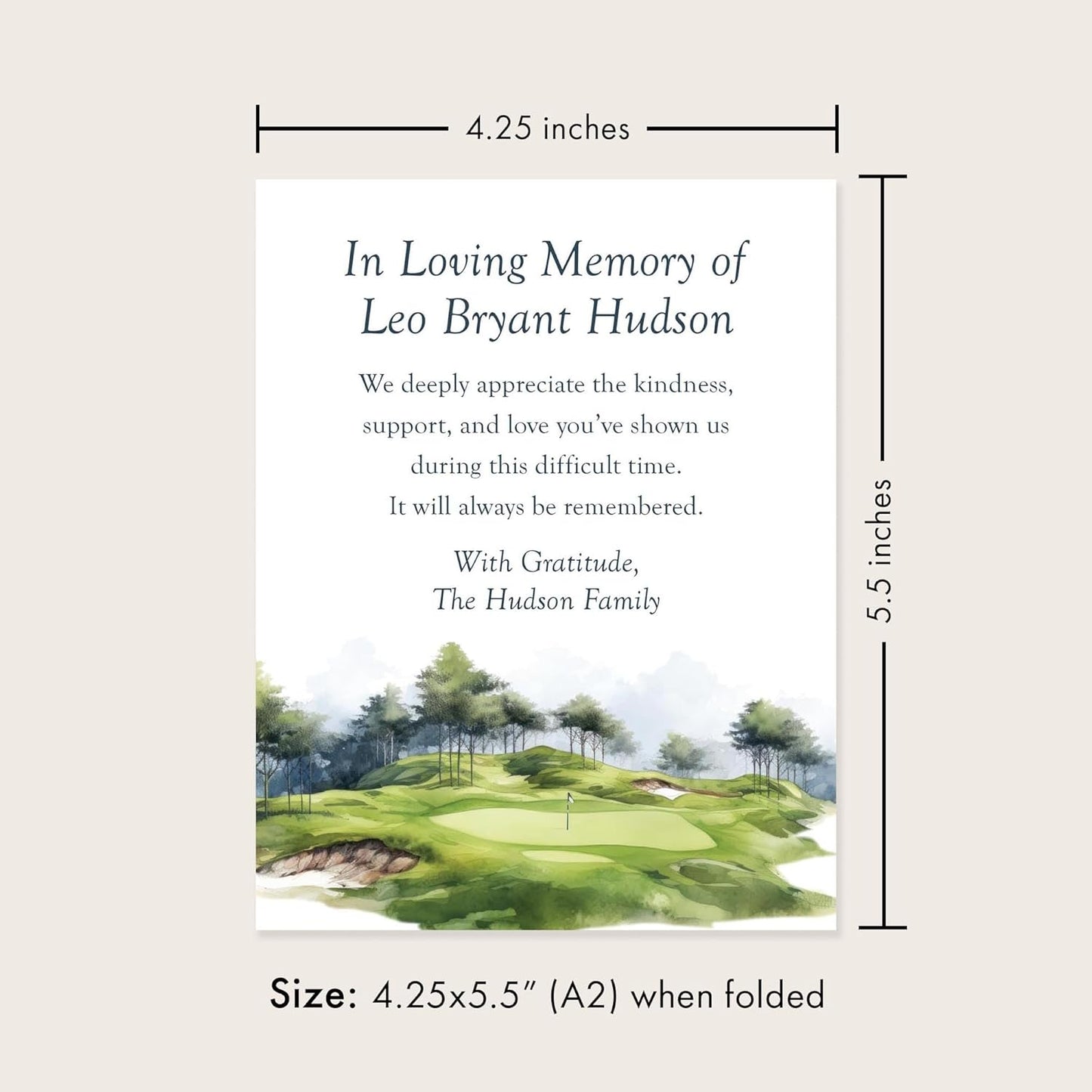 Golf Sympathy Thank You Cards, In Loving Memory Watercolor Funeral Thank You, 4.25 x 5.5 (A2) Folded Memorial Cards, Custom Name Bereavement Acknowledgement with Envelopes (Folded Card)