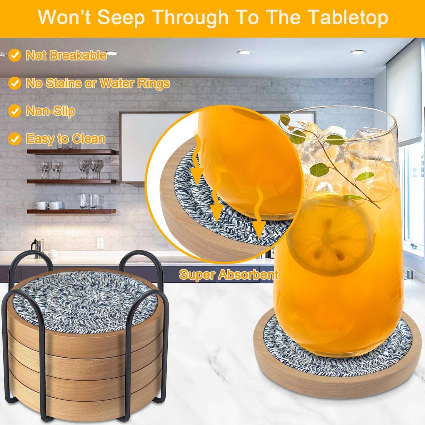 Coasters for Drinks Absorbent Sets of 5, Eykao Woven Coasters with Holder, Housewarming Gift for Farmhouse Home Decor, 4 inches (Mixed Blue)