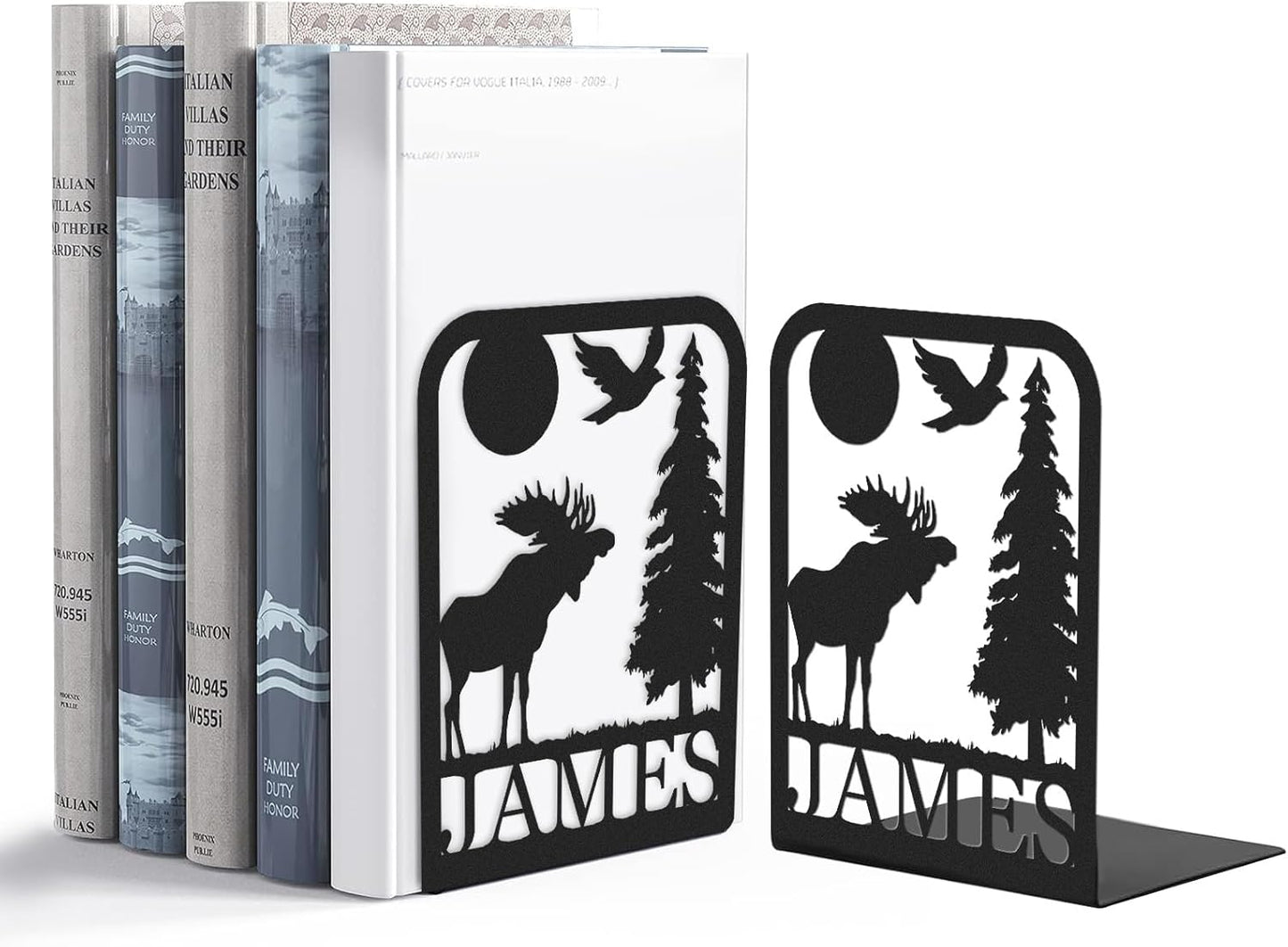 Custom Deer Metal Book Ends 2 Pcs, Forest Theme Bookends for Shelves Decorative, Heavy Duty Bookend Stopper, Deer Cabin Decor, Book Organizer for Desk, Black Book Holders for Home Office, Hunter Gifts