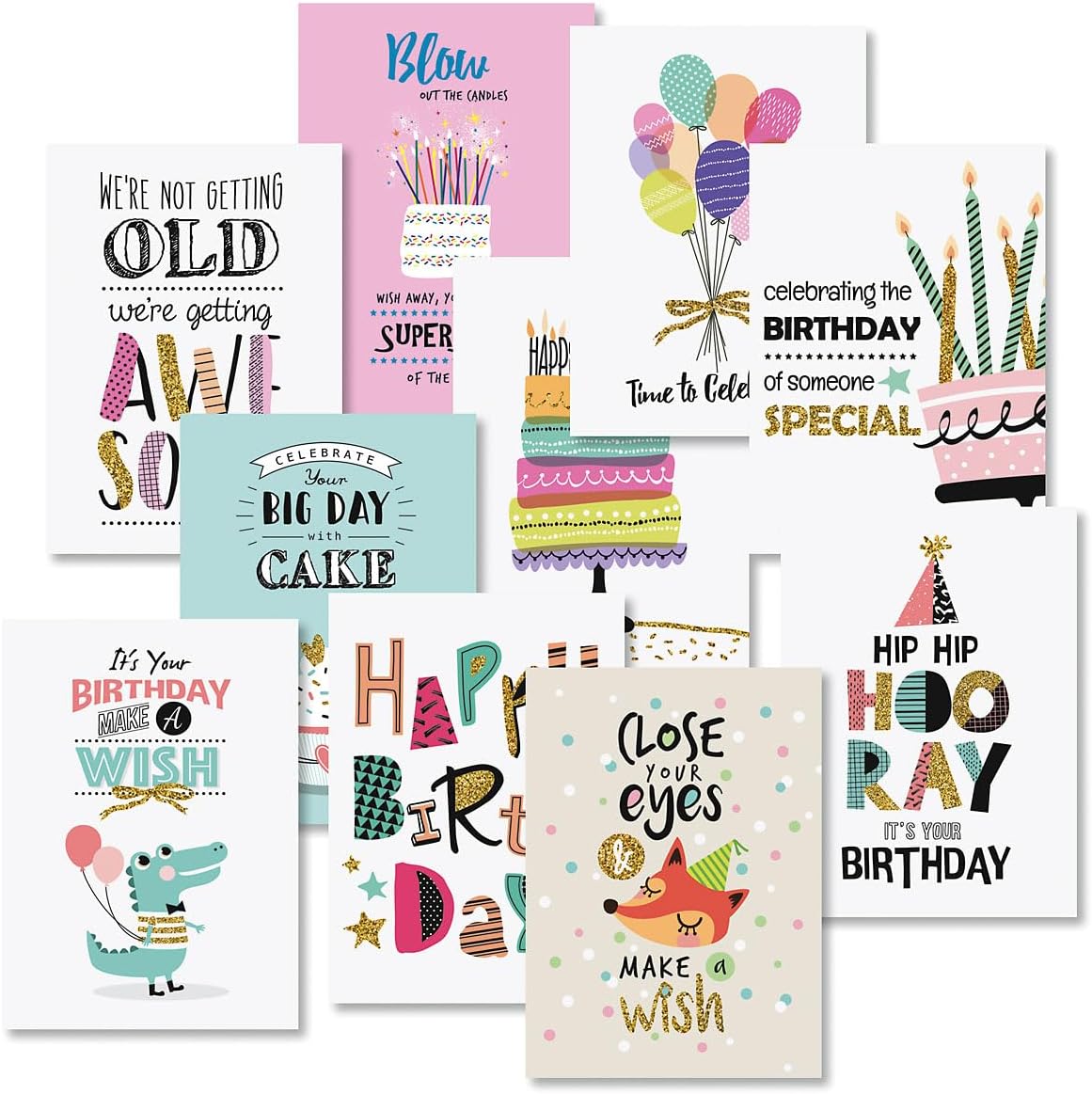 Current Simple Wishes Happy Birthday Greeting Card Set - Value Pack of 20 Cards With White Envelopes, 10 Designs, Large 5" x 7" Assortment