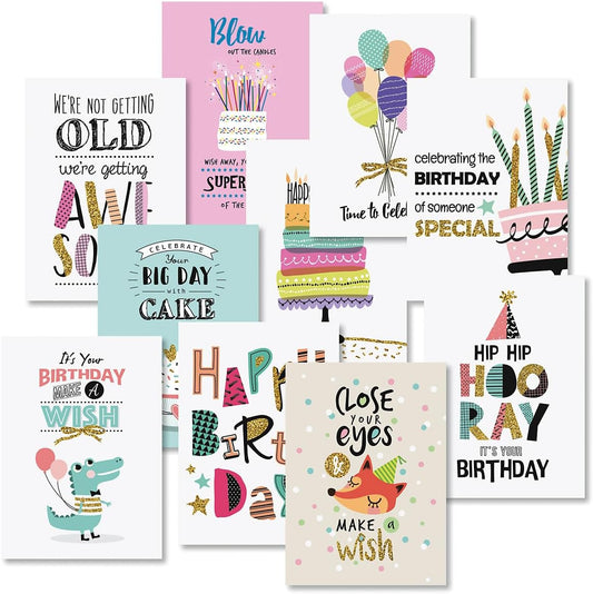 Current Simple Wishes Happy Birthday Greeting Card Set - Value Pack of 20 Cards With White Envelopes, 10 Designs, Large 5" x 7" Assortment