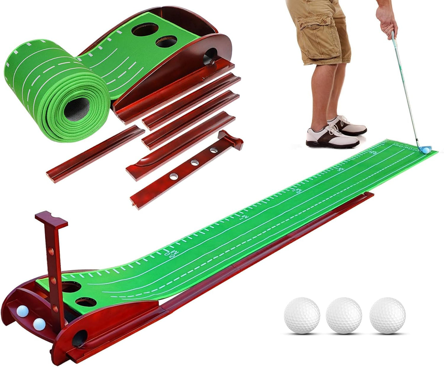 Putting Mat - Indoor Green With Auto Ball Return and 3 Balls for Golf Games & Practicing at Home, Office, Backyard, Great Gift for Families and Friends