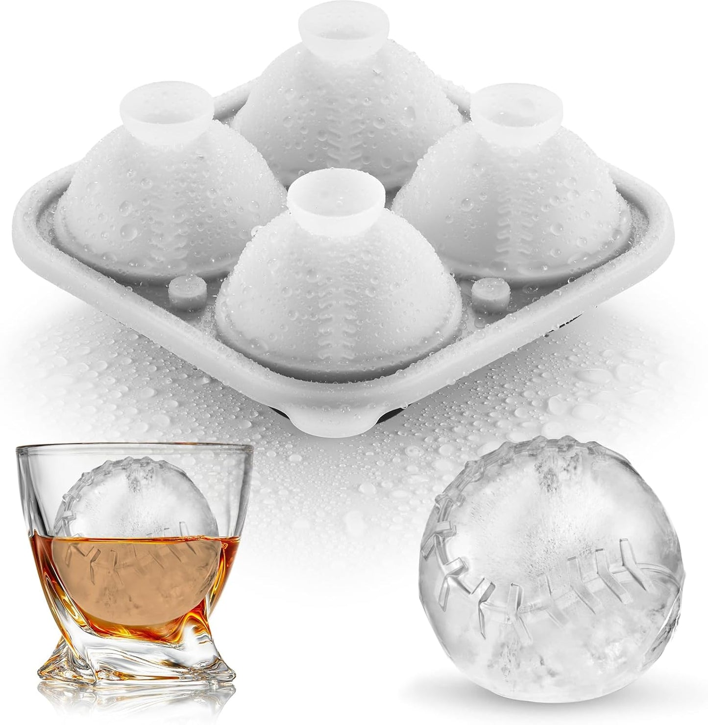 Novelty Baseball Gifts Ball Ice Maker Mold, 2.2" Large Sphere Round Ice Cube Mold for Cocktails, Whiskey, Bourbon Chilling, 4 Hole Fun Shapes Big Silicone Circle Ice Cube Trays