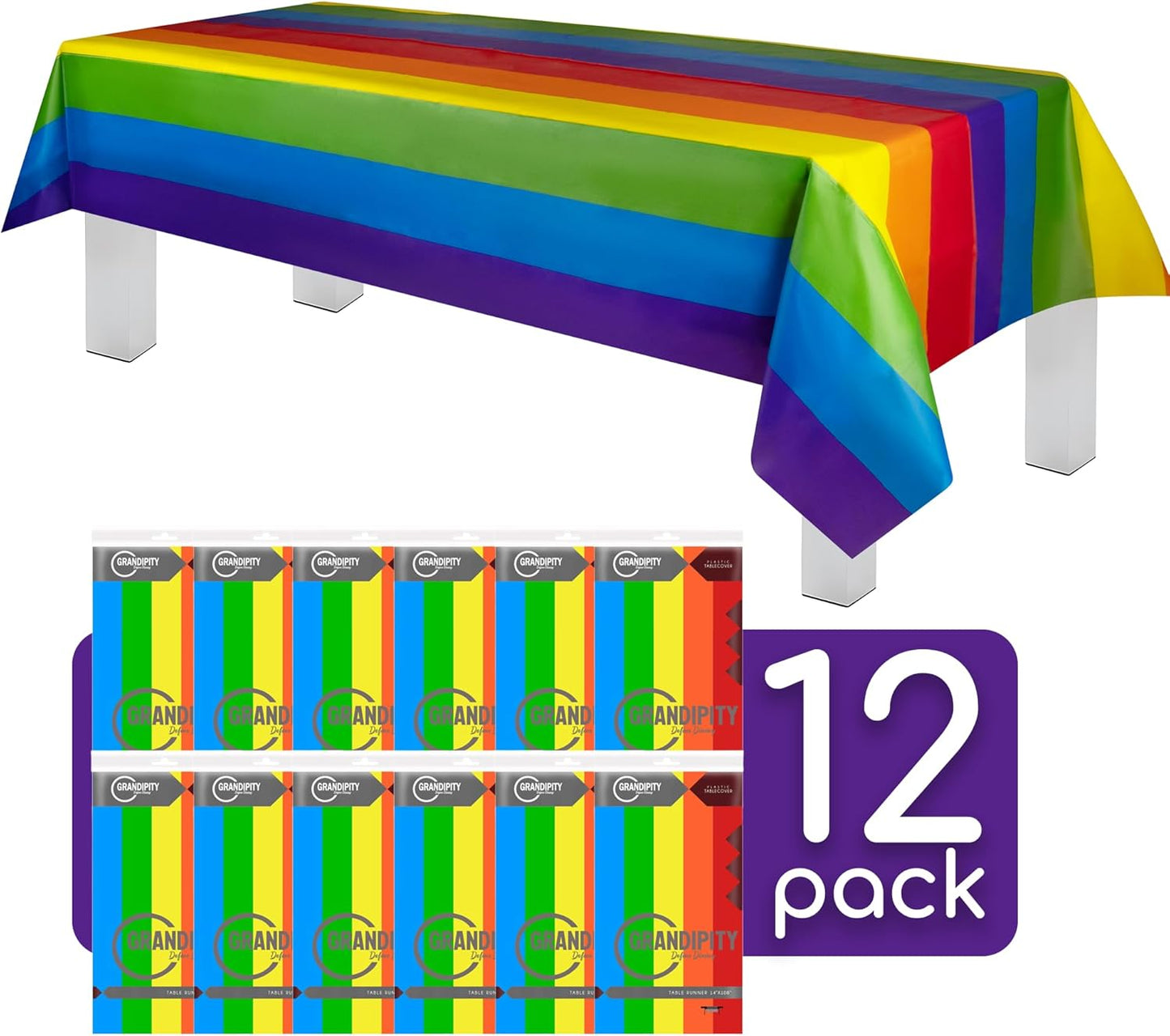 Grandipity Carnival Pride Rainbow Banner Theme 12 Pack Premium Disposable Plastic Tablecloth 54 Inch. x 108 Inch. Decorative Rectangle Table Cover