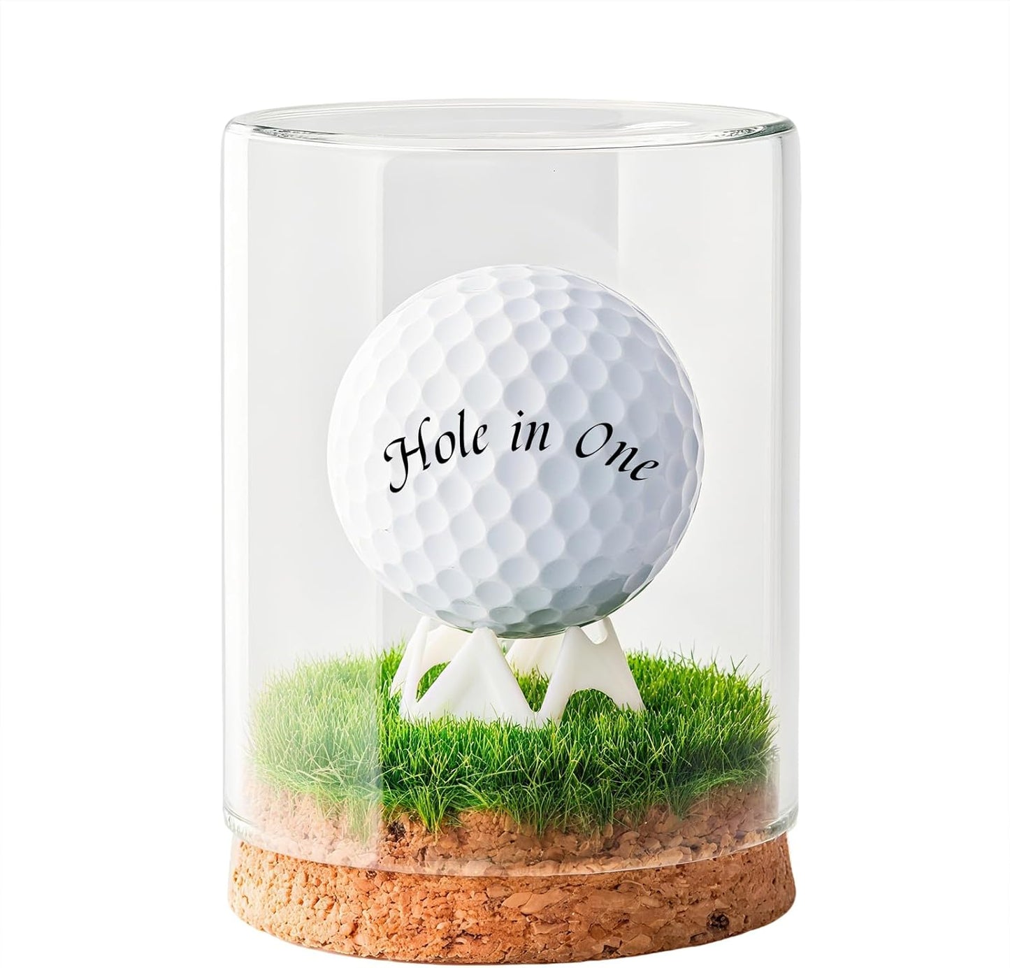 Rocalt Golf Ball Display Case, Hole in One Golf Ball Display Case, Clear Glass Golf Ball Holder with Cork Base, Lifelike Turf, and Plastics Tee, Golf Gifts Decor