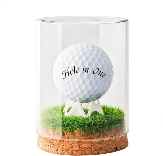 Rocalt Golf Ball Display Case, Hole in One Golf Ball Display Case, Clear Glass Golf Ball Holder with Cork Base, Lifelike Turf, and Plastics Tee, Golf Gifts Decor