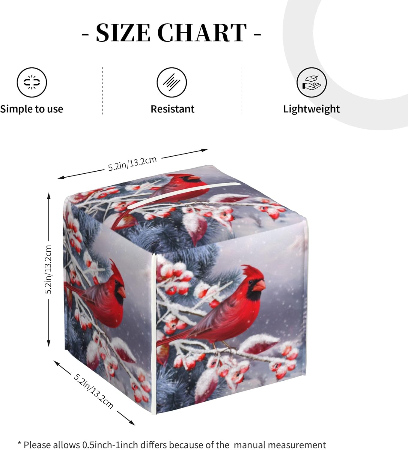 Christmas Red Cardinal Tissue Box Cover Square,Winter Christmas Cardinal Bird Tissue Box Holder Waterproof Leather Facial Paper Organizer Dispenser for Bathroom Home Car Nightstand Vanity Desk