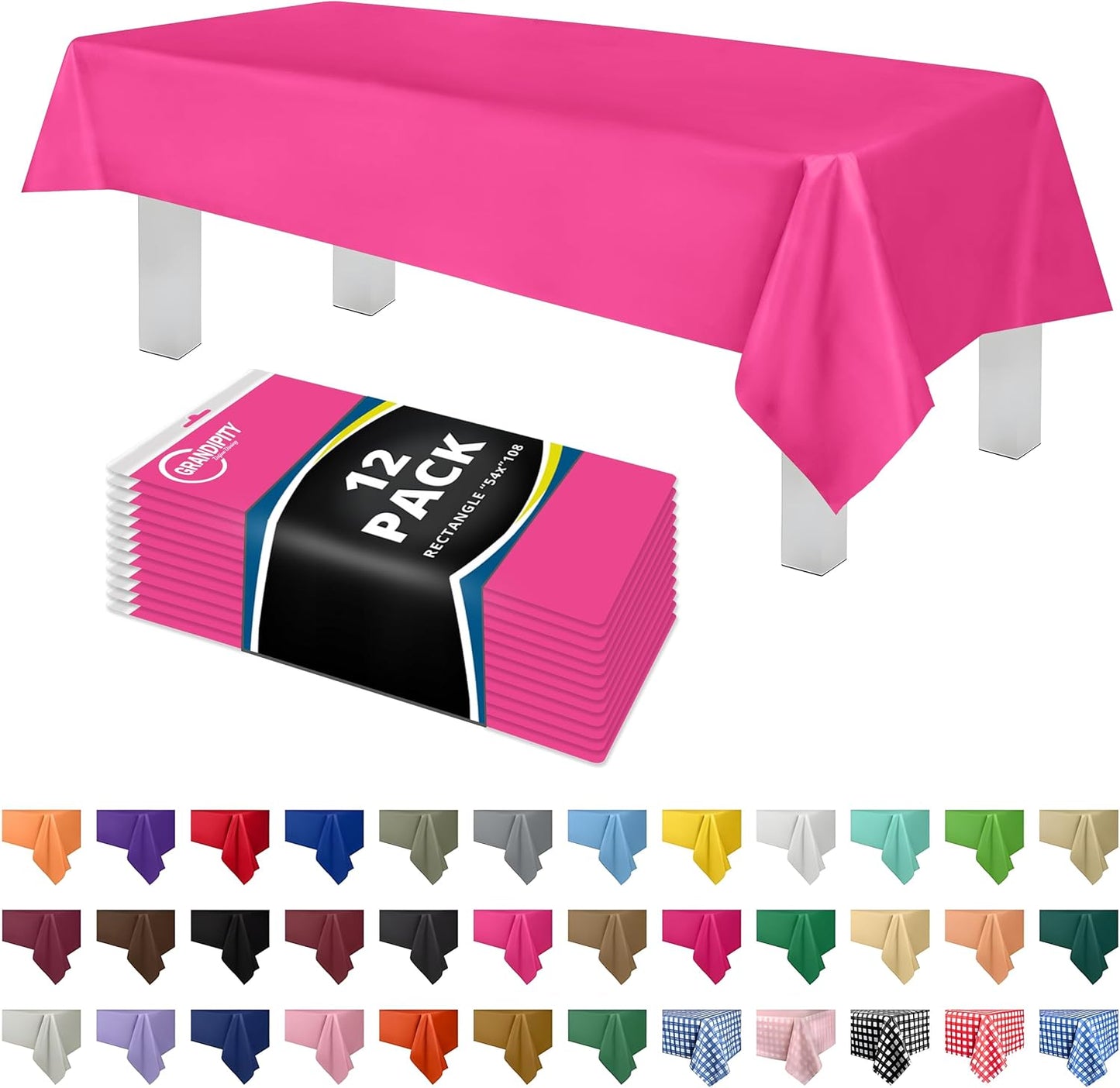 Grandipity 12 Pack Premium Disposable Plastic Tablecloth 54 Inch. x 108 Inch. Decorative Rectangle Table Cover - Hot Pink