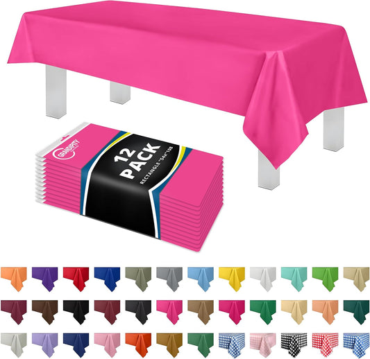 Grandipity 12 Pack Premium Disposable Plastic Tablecloth 54 Inch. x 108 Inch. Decorative Rectangle Table Cover - Hot Pink