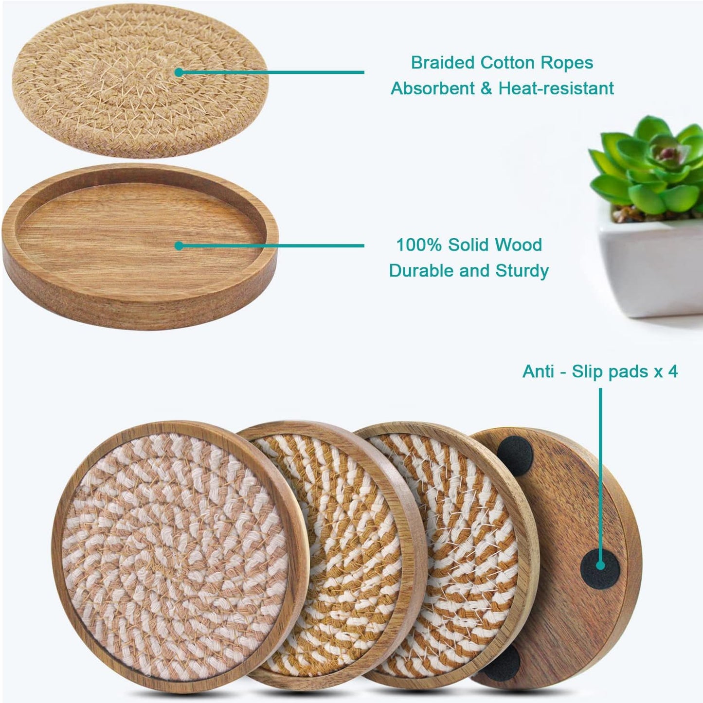 5 Pack Coasters for Drinks Absorbent, 4.3 inches Cork Coasters for Coffee Tables, Wooden Drink Coasters for Table Protection, Cute Coasters for Kitchen, Farmhouse, Bar, and Office (Brown Series)