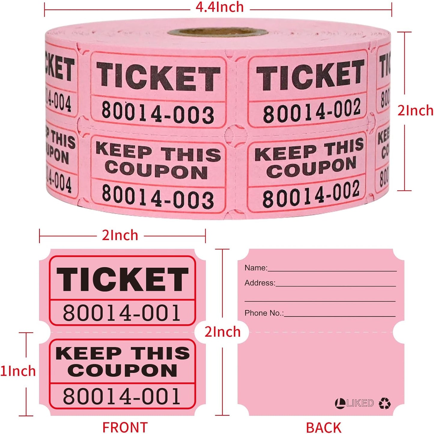 L LIKED Raffle Tickets Double Rolls 1000 per Roll 50/50 Raffle Tickets for Events, Entry, Class Reward (Pink)