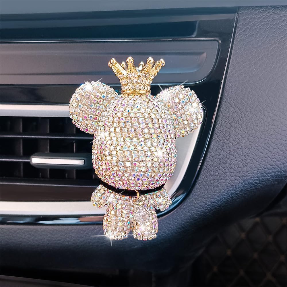 Handmade Bling Rhinestone Bear Car Air Freshener Cute Ornaments Car Vent Clips Accessories Perfume Clip Aromatherapy Diffuser Fragrance Cotton Pad Car Interior Decoratio Women Girl (AB白)