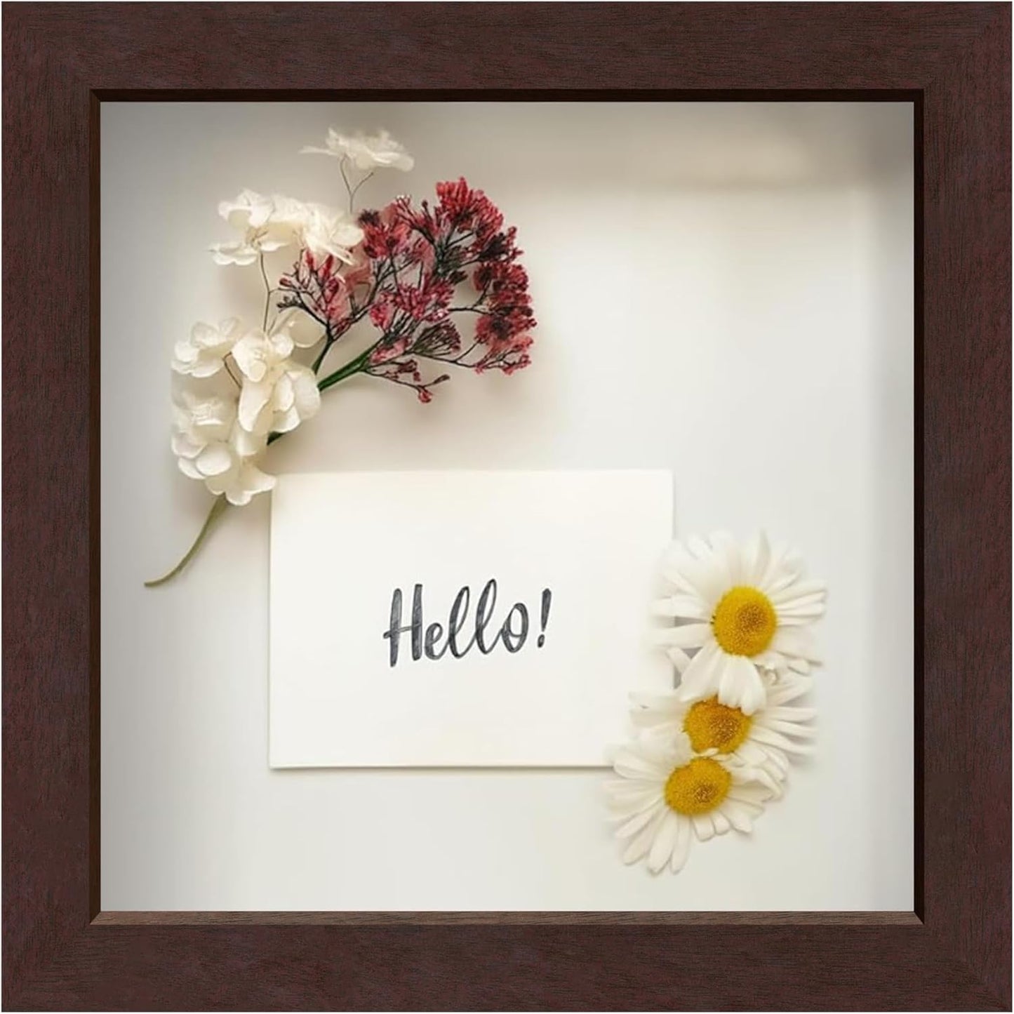 FrameWorks Mahogany Wooden Shadow Box Frame - 8' x 8' Display Case with Soft Felt Back, Tempered Glass, Elegant White Ball Push Pins