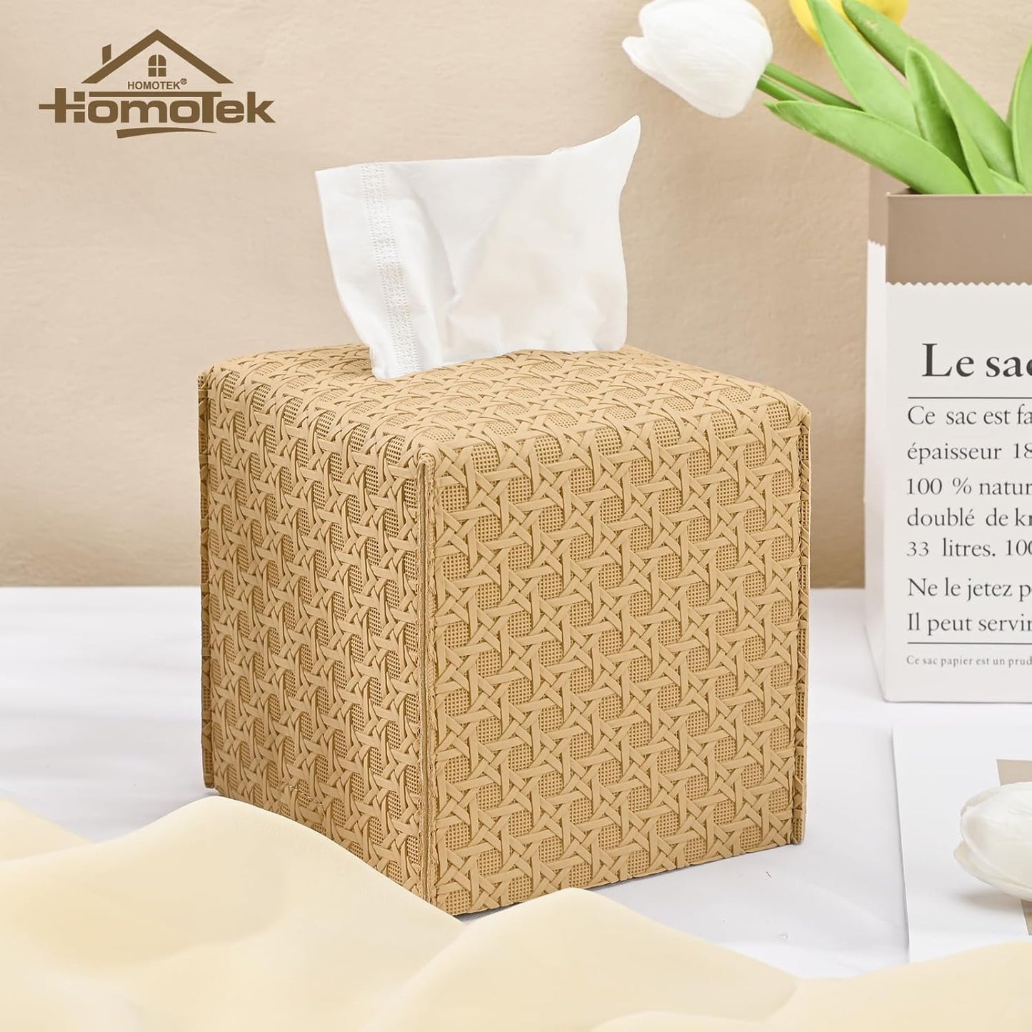 HOMOTEK 2 Pack Tissue Box Cover, Square PU Leather Tissue Holder, Decorative Facial Tissue Cube Paper Organizer Dispenser for Bathroom, Night Stands, Desk, Car 5X5X5'' - Rattan Weave,Camel