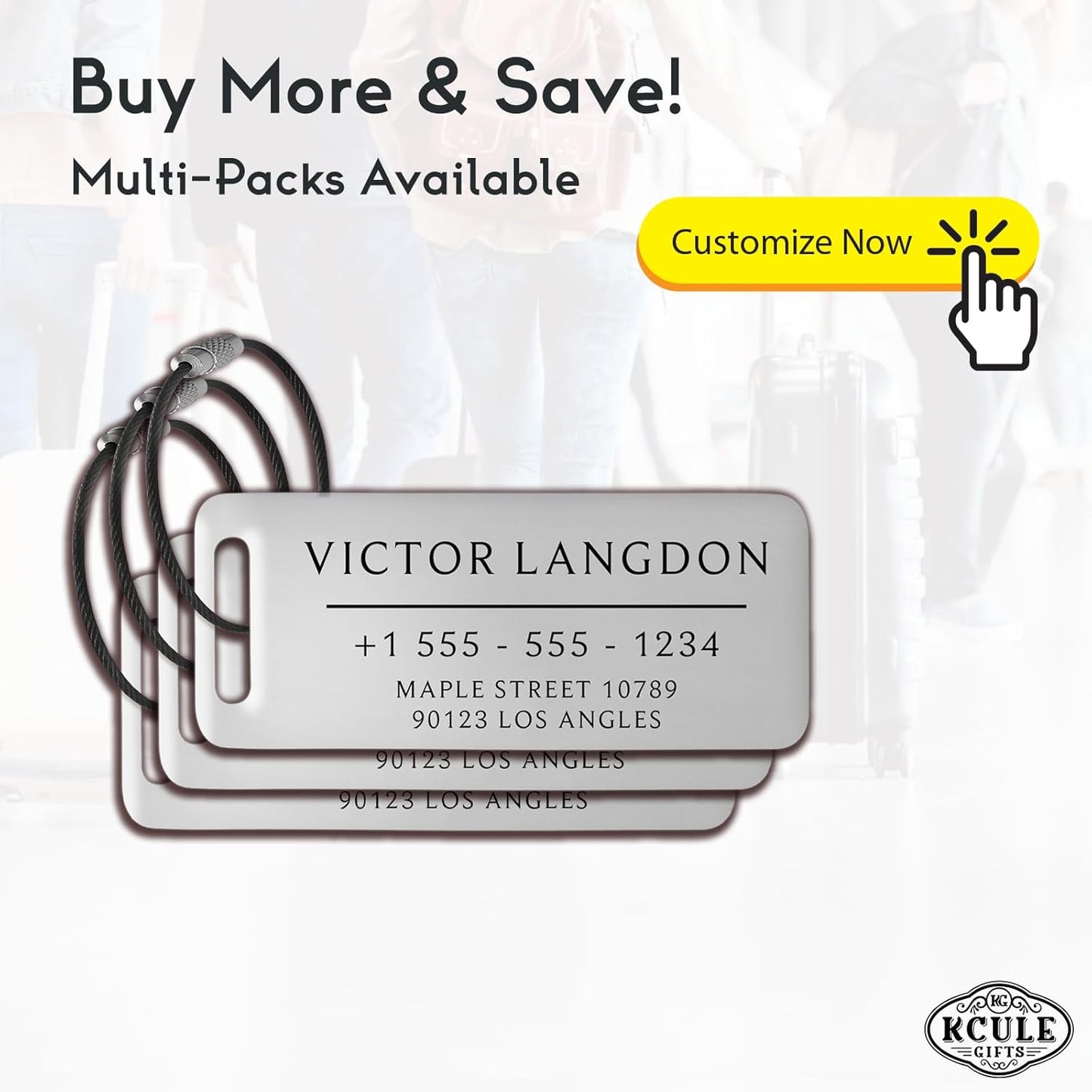 Personalized Luggage Tags for Suitcases - Stainless Steel Custom Luggage Tags for Backpacks & Bags, Sturdy, Waterproof & Heavy Duty (Silver / 3" x 1.25")