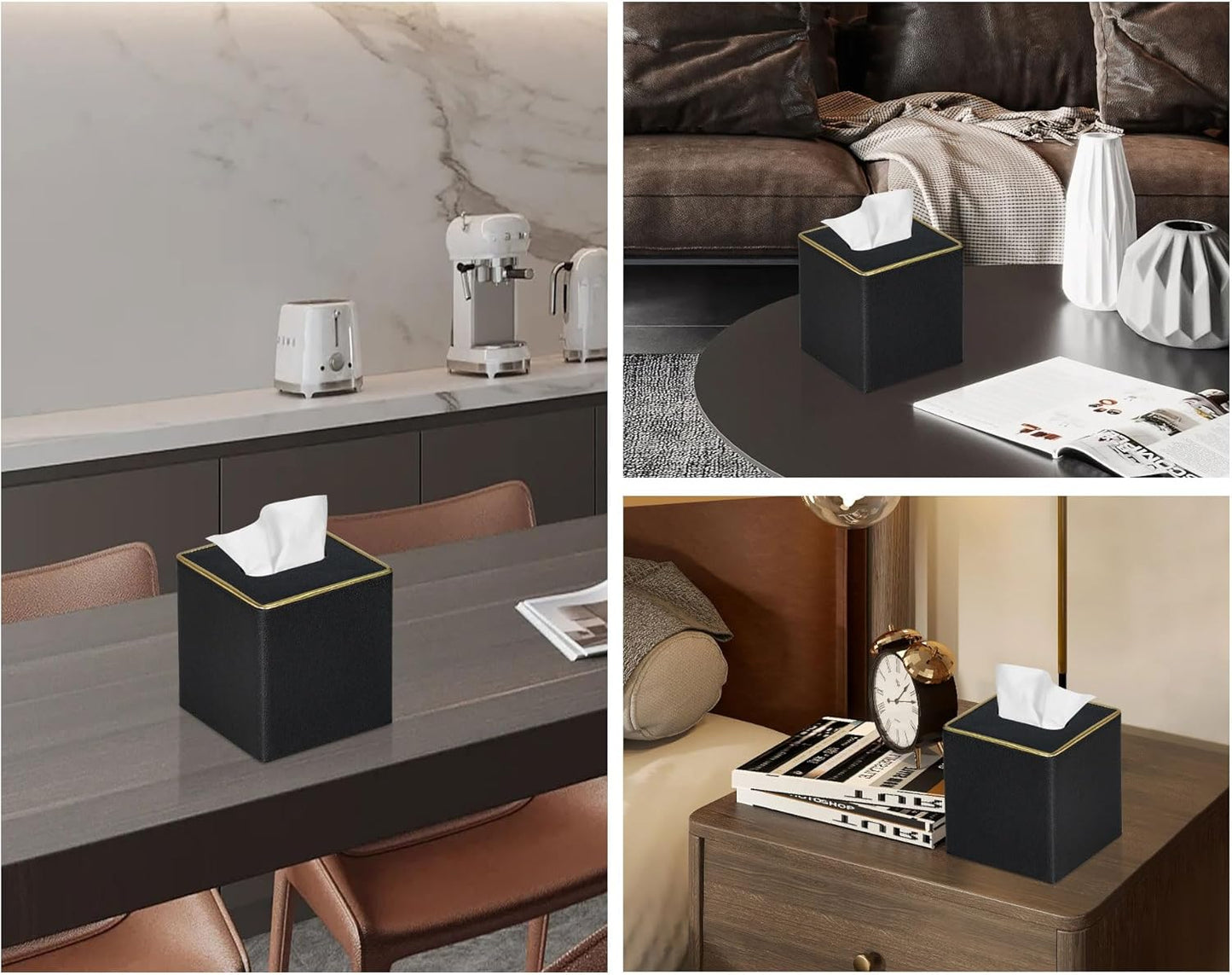 Tissue Box Cover Square PU Leather Facial Tissue Box Holder for Dresser Bathroom Decor (Black Pearl)