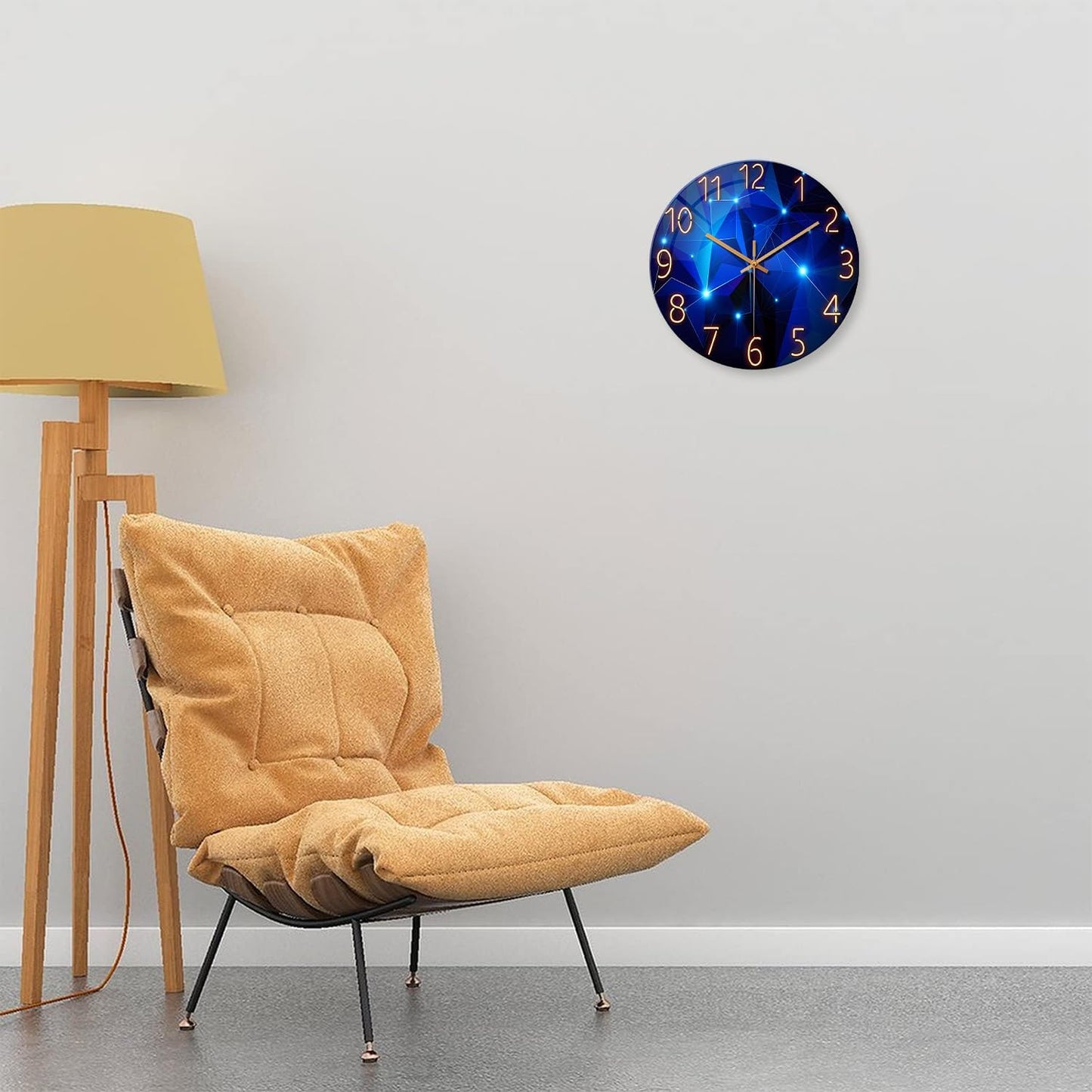 Blue Wall Clock Battery Operated 14 Inch Modern Wall Clock Non Ticking Glass Clock for Living Room