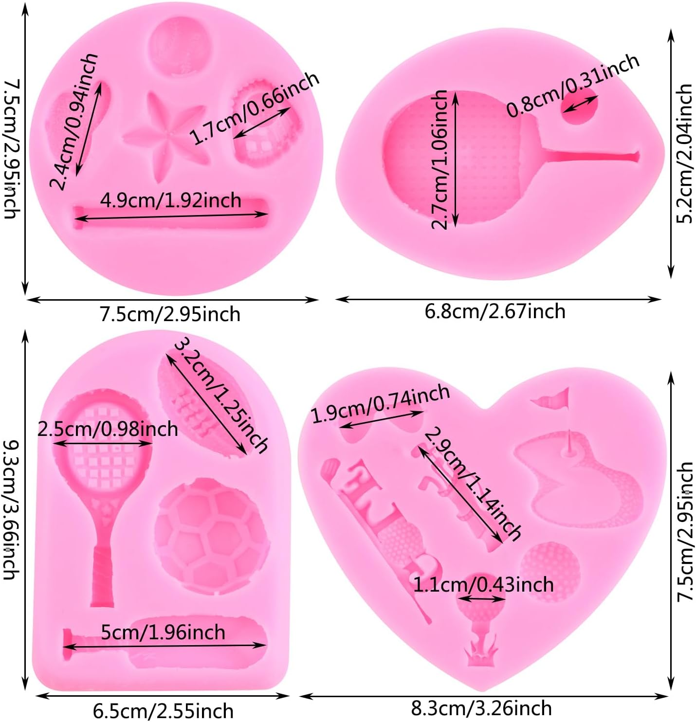 ZiXiang Ball Silicone Molds Football Baseball Rugby Golf Table Tennis Fondant Mold For Cake Decorating Cupcake Topper Chocolate Candy Polymer Clay Gum Paste Set Of 4