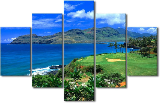5 Piece Canvas Wall Art for Living Room Golf Course Pictures White Golf Ball Paintings Green Lawn Scenery Artwork Gallery-Wrapped Modern Home Decor Posters and Prints Framed Ready to Hang - 60"Wx40"H