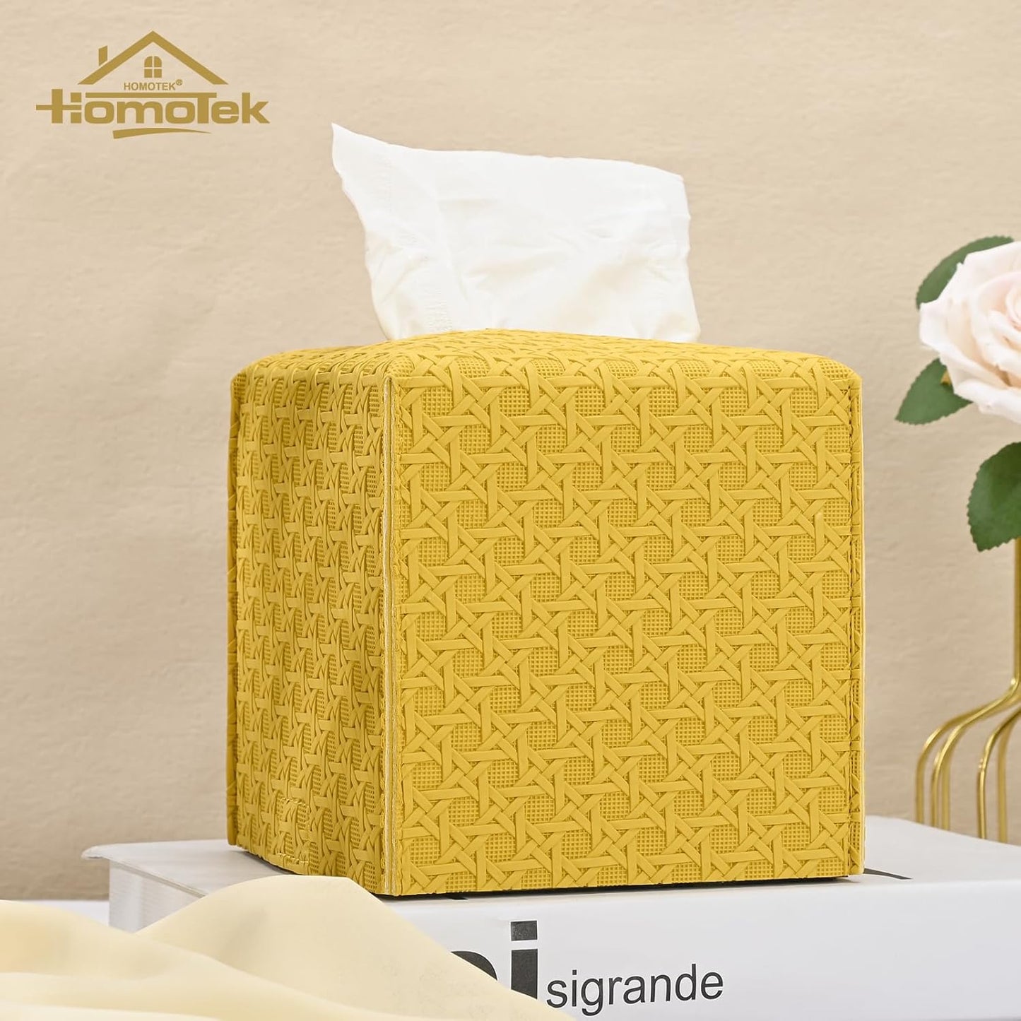 HOMOTEK 2 Pack Tissue Box Cover, Square PU Leather Tissue Holder, Decorative Facial Tissue Cube Paper Organizer Dispenser for Bathroom, Night Stands, Desk, Car 5X5X5'' - Rattan Weave,Mango Yellow