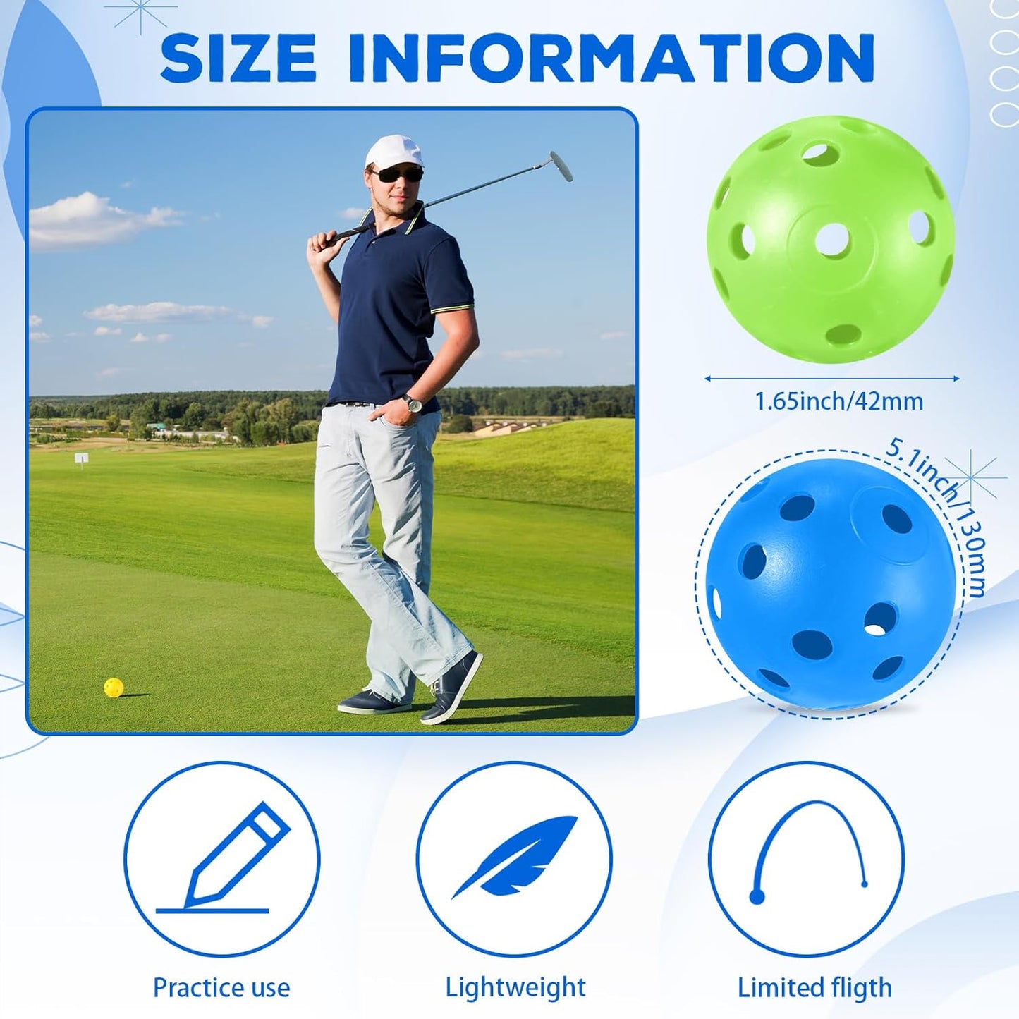 24 Pack Practice Golf Balls 42 mm Limited Flight Plastic Golf Training Airflow Hollow Ball for Driving Range Swing Practice Backyard Indoor Outdoor Home