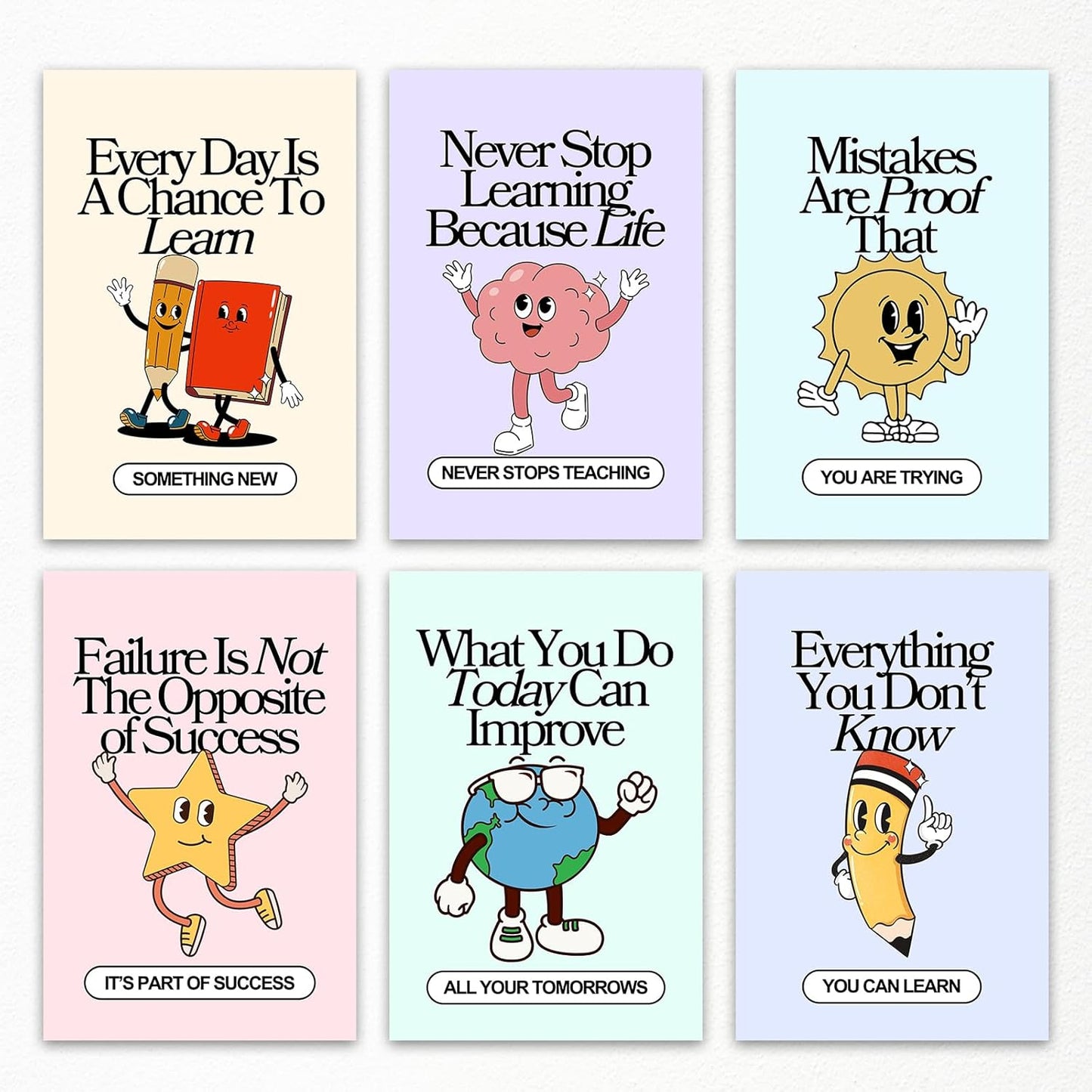 Set of 6 Colorful Growth Mindset Posters, Retro Inspirational Classroom Poster, Motivation Growth Mindset Wall Art for Classroom, Educational Poster for Teachers Bulletin Board 16x24in Unframed