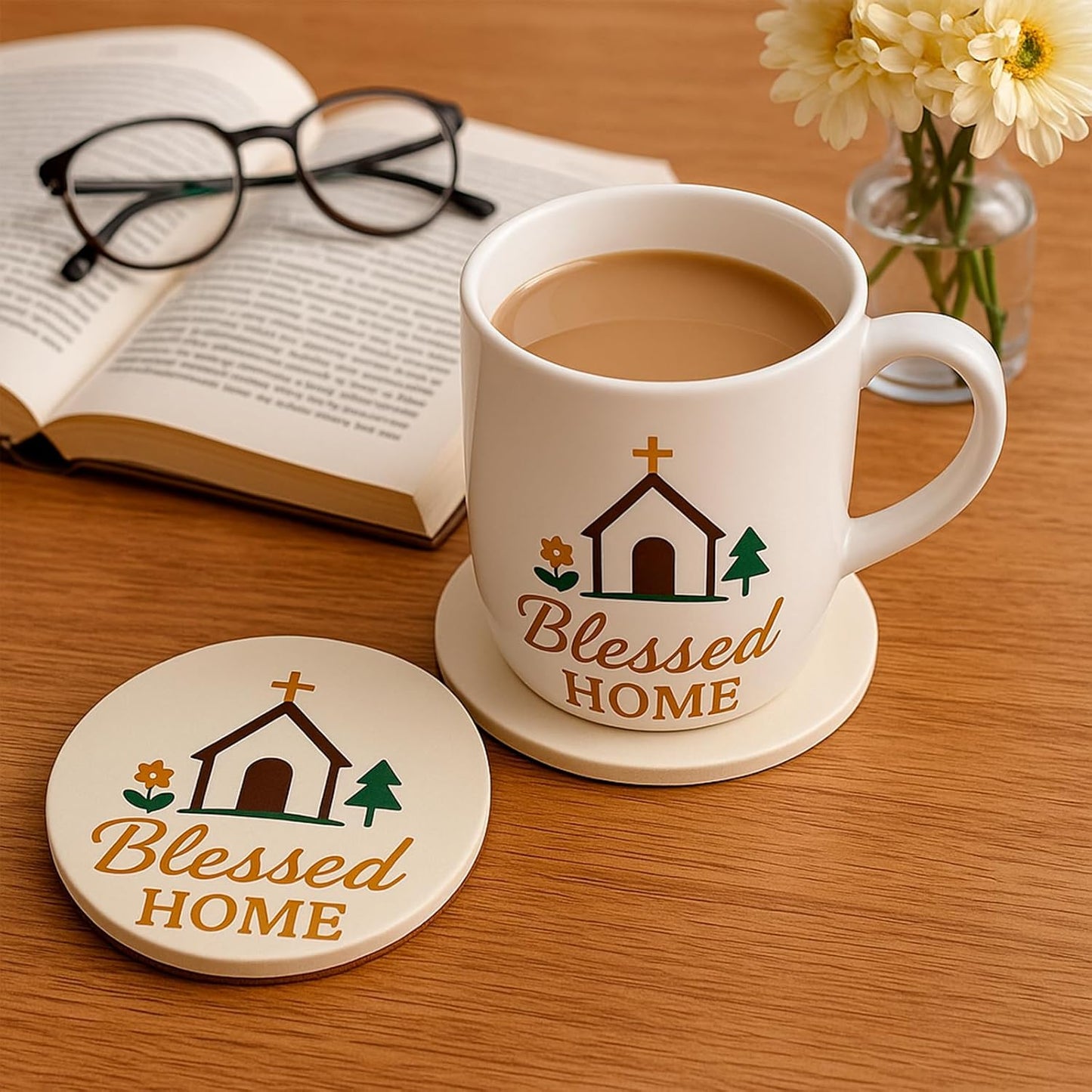Blessed Home Christian Absorbent Ceramic Coasters Set of 4 with Non-Slip Cork Backing, Religious Faith Stone Drink Coasters for Coffee Table, Kitchen, Dining Room, Housewarming, Church Decor