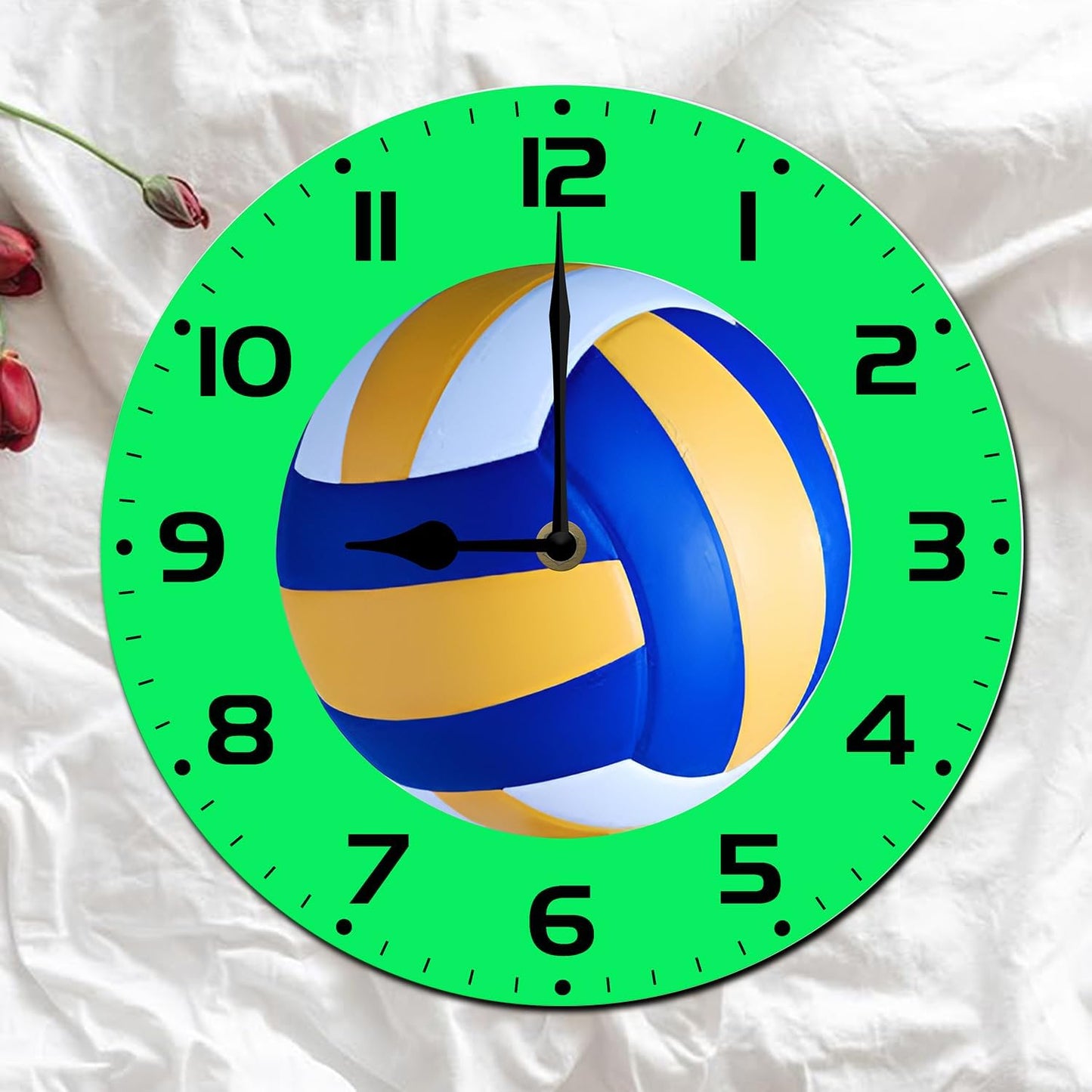 Soliyoahee Volleyball Clock Round Wooden Wall Clock Home Decor Silent No Tick Battery Powered for Living Room Bedroom Kitchen Bathroom 10inch