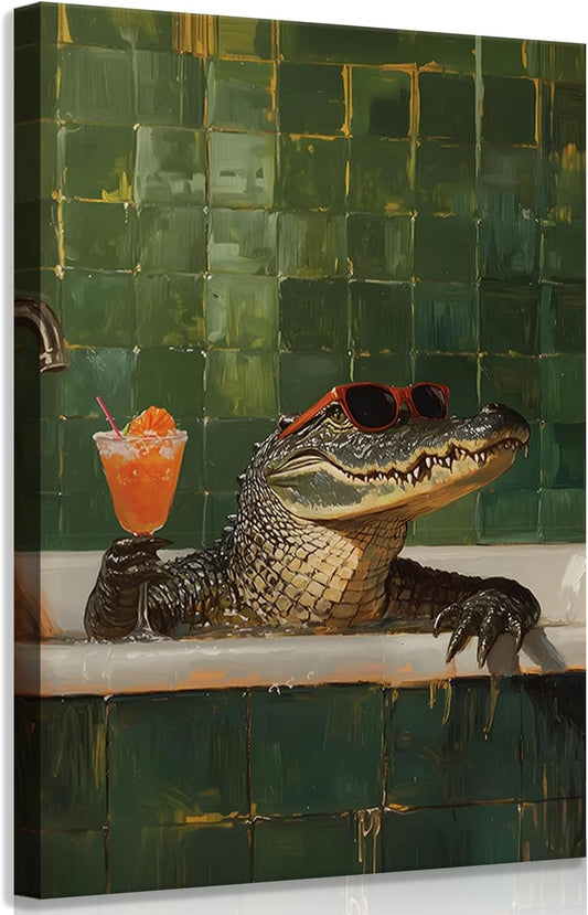 Animal Bathroom Wall Art Funny Crocodile Painting Picture Wall Decor Crocodile Sitting in The Bathtub Drinking Cocktails Poster Print Artwork for Toilet Bathroom 12x16 Inch Framed