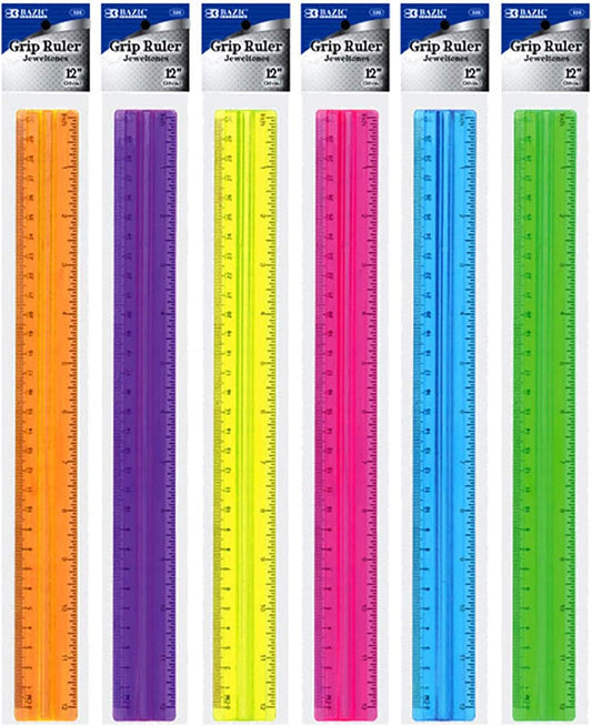 BAZIC Products Plastic Ruler 12" (30cm) w/Handle Grip, Inches Centimeter Metric Measuring Drafting Rulers, for Students School Supplies, Assorted Color, 24-Pack