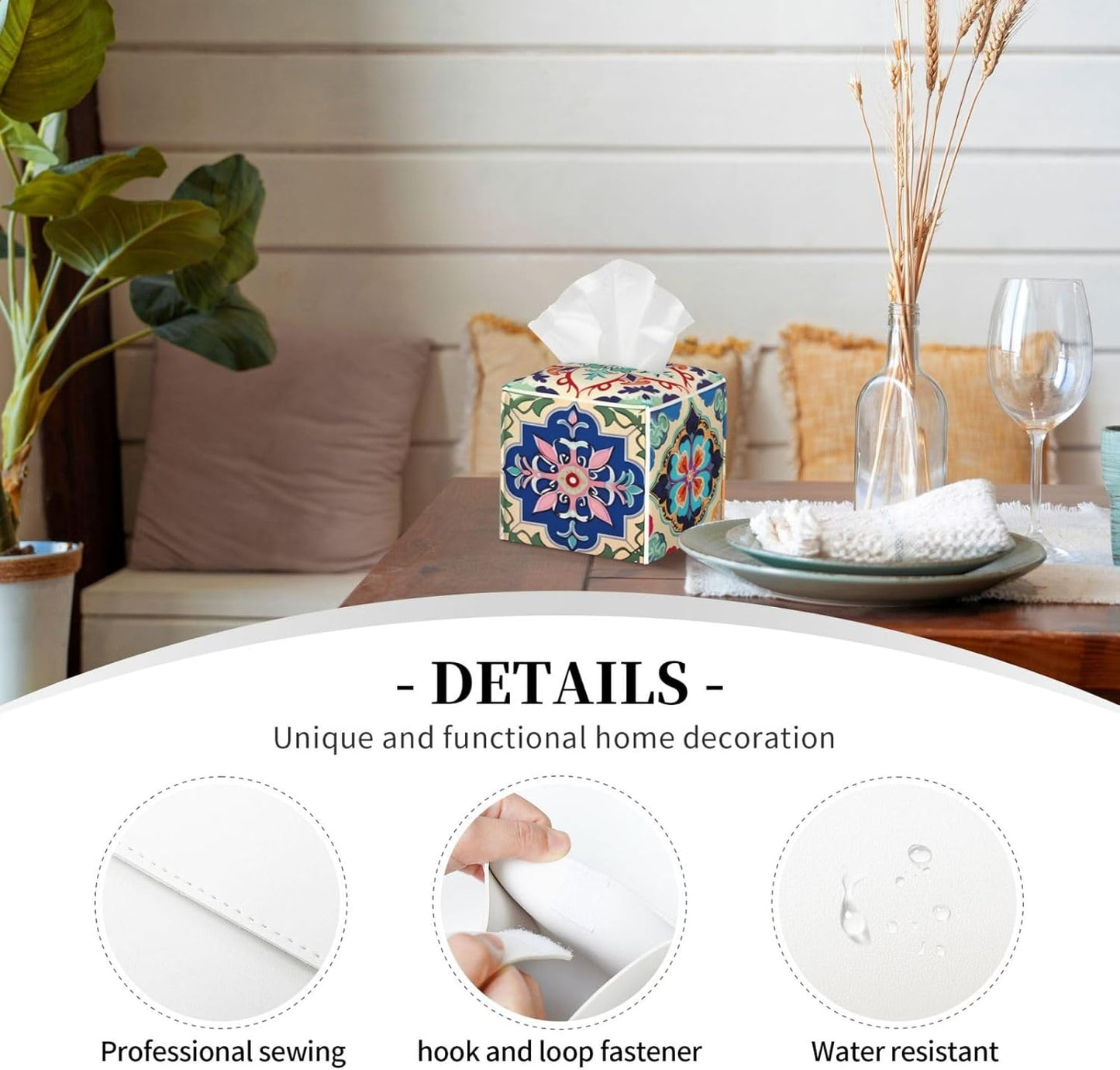 Tissue Box Cover Colorful Boho Ceramic Tile Square PU Leather Tissue Box Holder for Car Bathroom Bedroom Desk Tabletop Decor