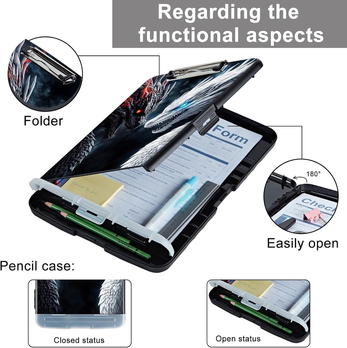 Clipboard with Storage - Large Capacity,Nursing Clipboard with Pen Holder,Heavy Duty,Plastic Side-Opening Folder for Teacher,Nurse - Black White Dragon