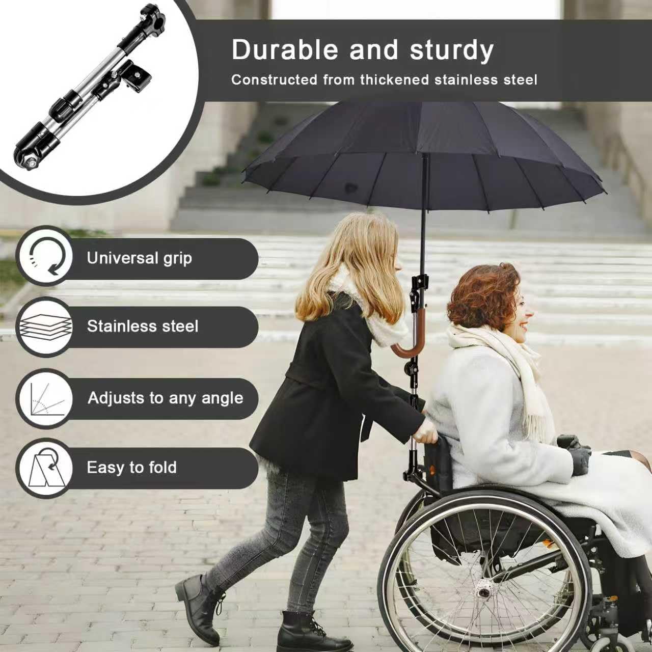 SHERY Adjustable Umbrella Holder Stand for Patio Outdoor Wrenches Universal Clip Wheelchair Umbrella Mount Holder for Stroller, Golf Cart, Beach Chair, Bicycle, Bleacher