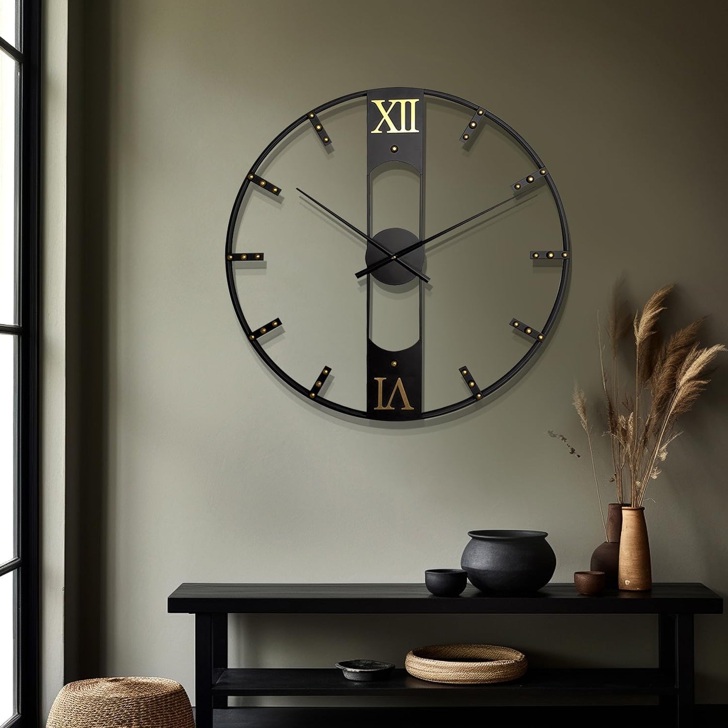 Large Wall Clock for Living Room Decor Modern Mid Century Metal Silent Gold Kitchen Big Wall Clock Art for Bedroom Decorative Office Non Ticking Battery Operated Wall Watch 24 Inch