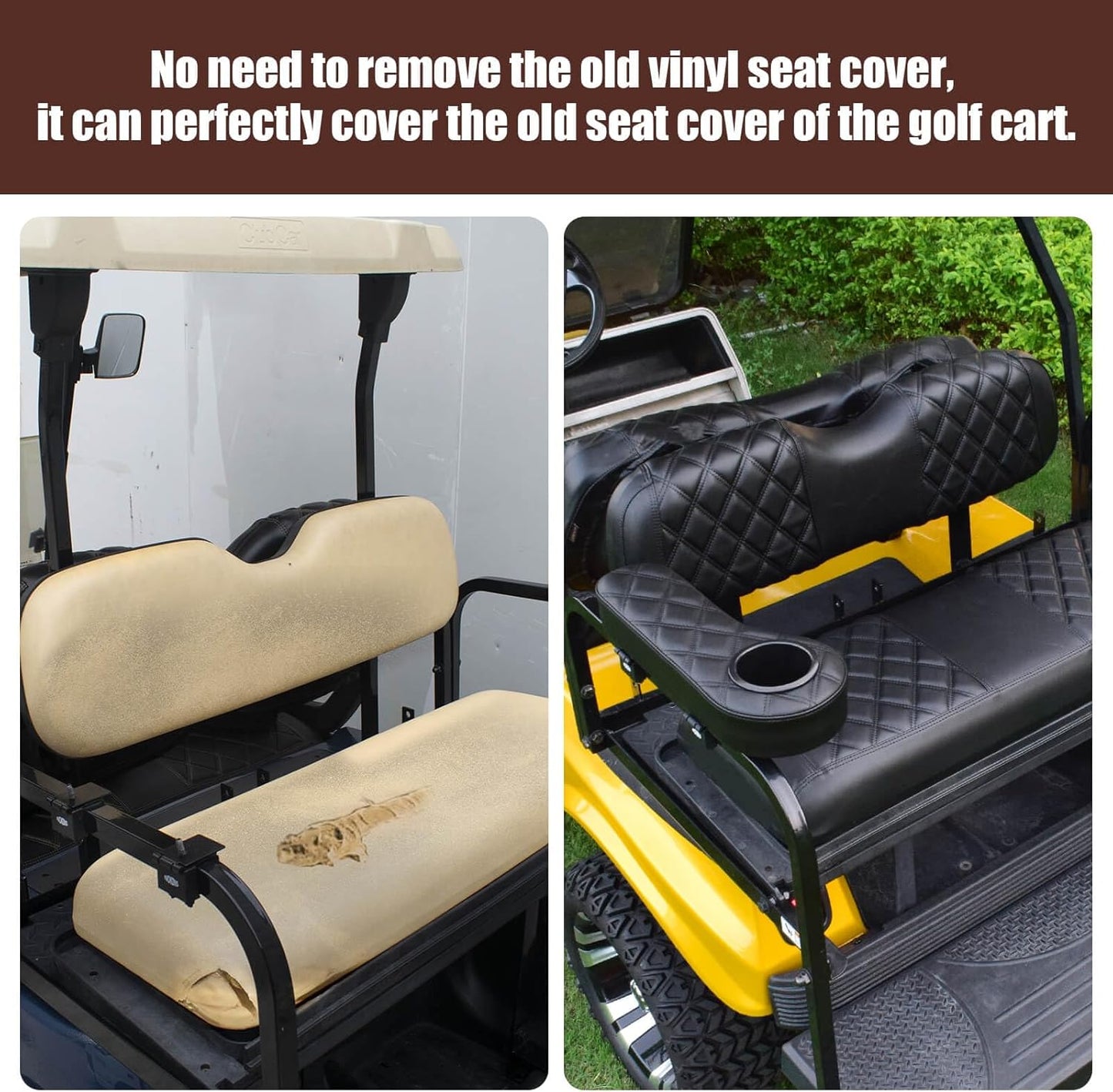 NOKINS Golf Cart RS Diamond Seat Cover for Standard Seat Cushion Aftermarket Back Seat Kit, No Staples Required,Golf Cart Vinyl Replacement Seat Cover Black Stitching