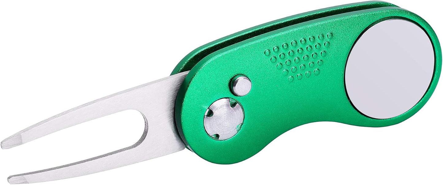 Mile High Life Golf Divot Repair Tool, All Metal Foldable Divot Tool with Pop-up Button & Magnetic Ball Marker