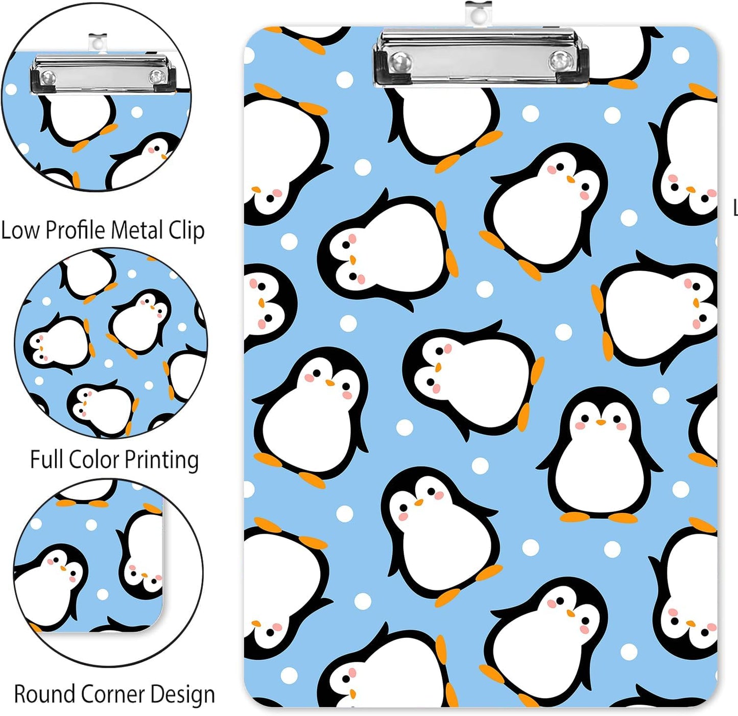 Fashion A4 Clipboard, Standard Letter Size 9" x 12.5", Decorative Wooden Clipboard with Low Profile Metal Clip for Office, School, Teachers, and Students, Cute Penguin