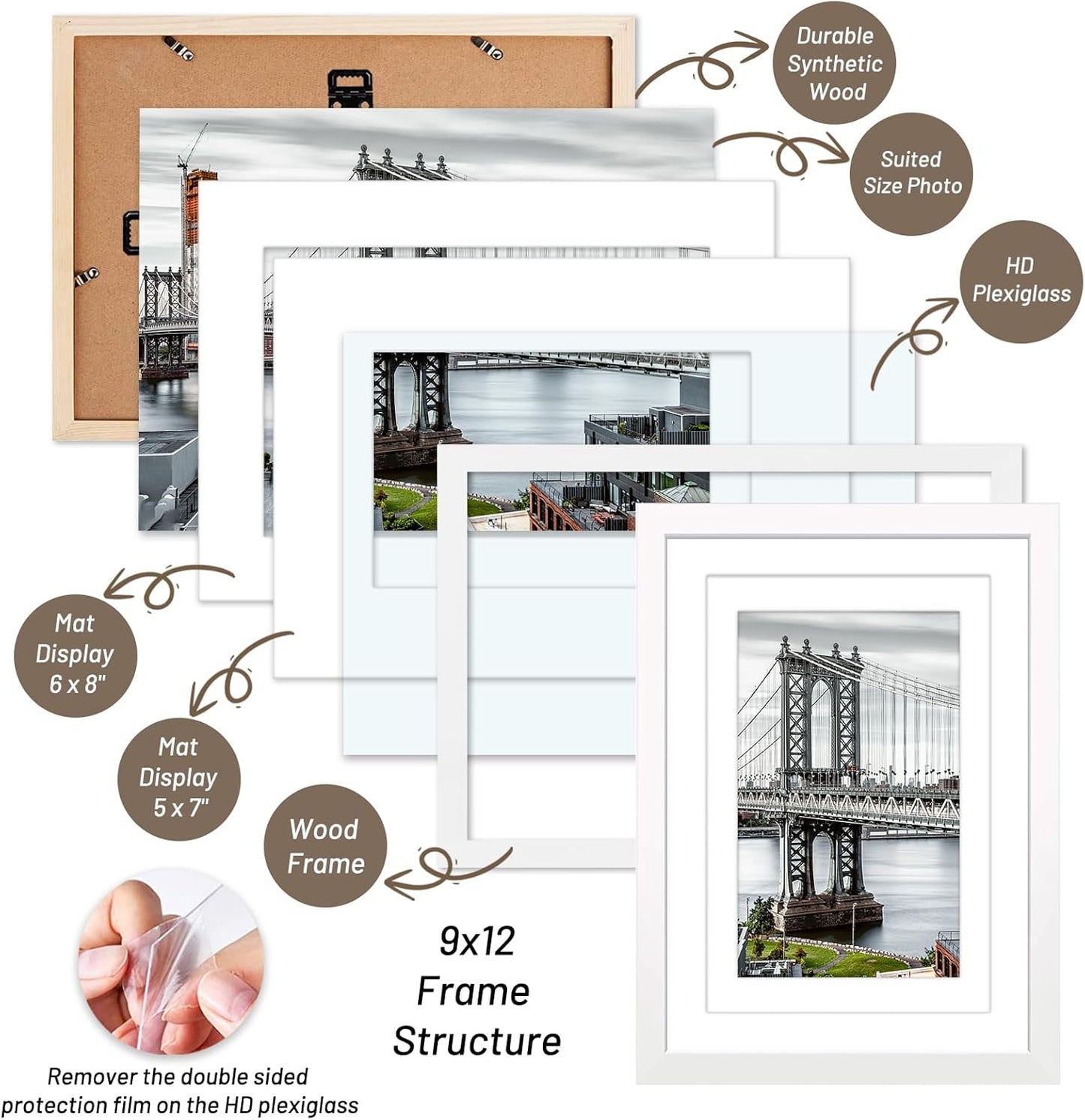 9x12 Solid Wood Picture Frames - Display 6x8 or 5x7 with Mat, 9x12 Frame without Mat - Wall Mounting or Table Top (White)