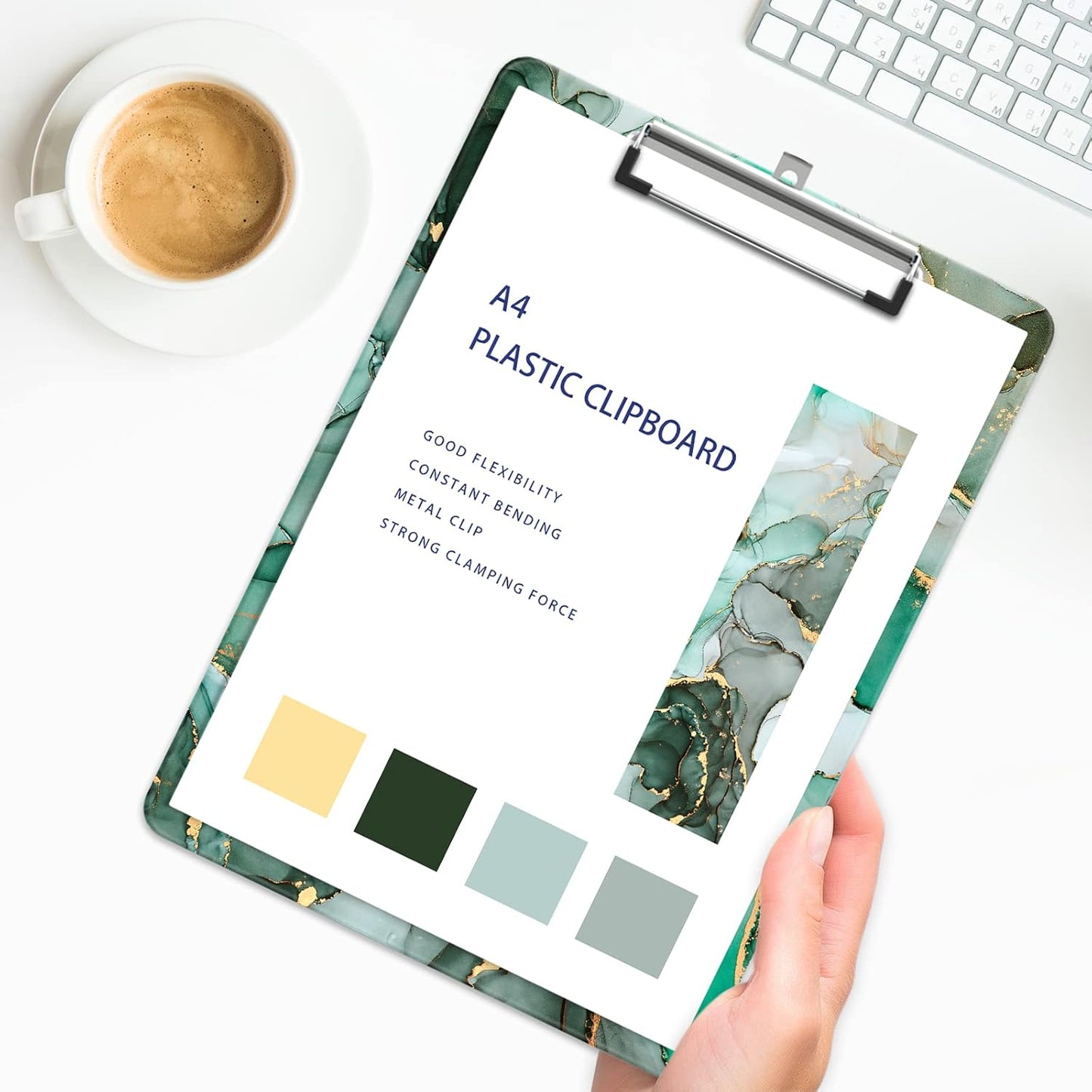 Plastic A4 Clipboards, Cute Clip Board Stardard Letter Size 9 x 12.5 in, Office Decorative for Students Women Men and Kids, Green Marble