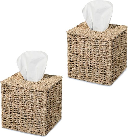 Set of 2 Seagrass Handwoven Wicker Tissue Box Cover, Natural Handmade Napkin Box Holder, Handcrafted Square Facial Tissue Holder for Bathroom, Rustic Decorative on Table and Bathroom,Boho Decorative