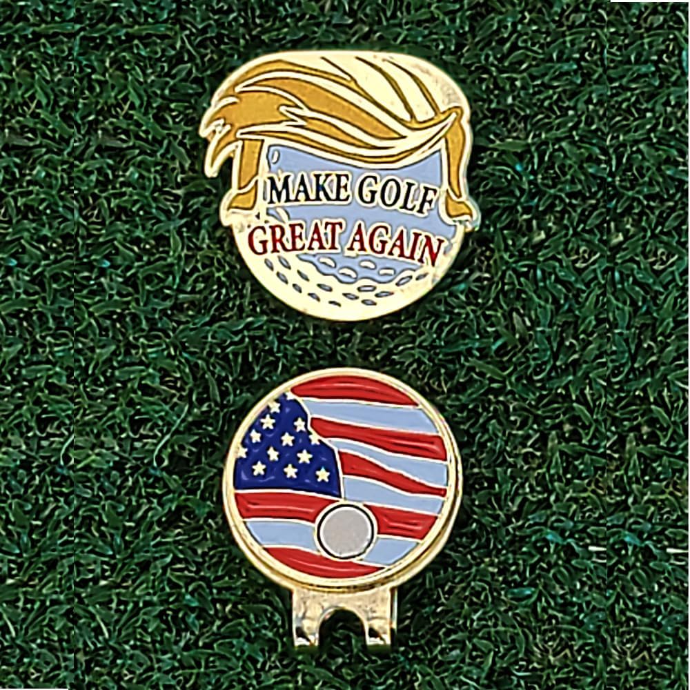 Make Golf Great Again Shaped Golf Ball Marker with USA Flag Magnetic Hat Clip - Patriotic, Fun Gold-Plated Golf Accessory for Avid Golfers